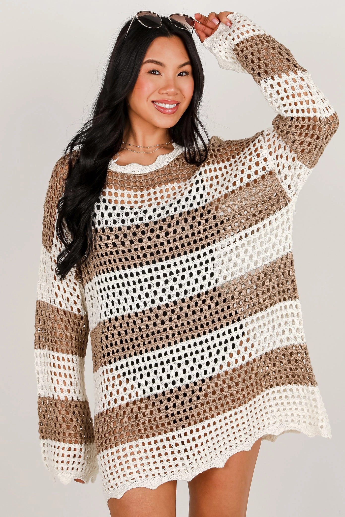 FINAL SALE - On The Coast Mocha Striped Crochet Tunic flattering appearance Dew Tone