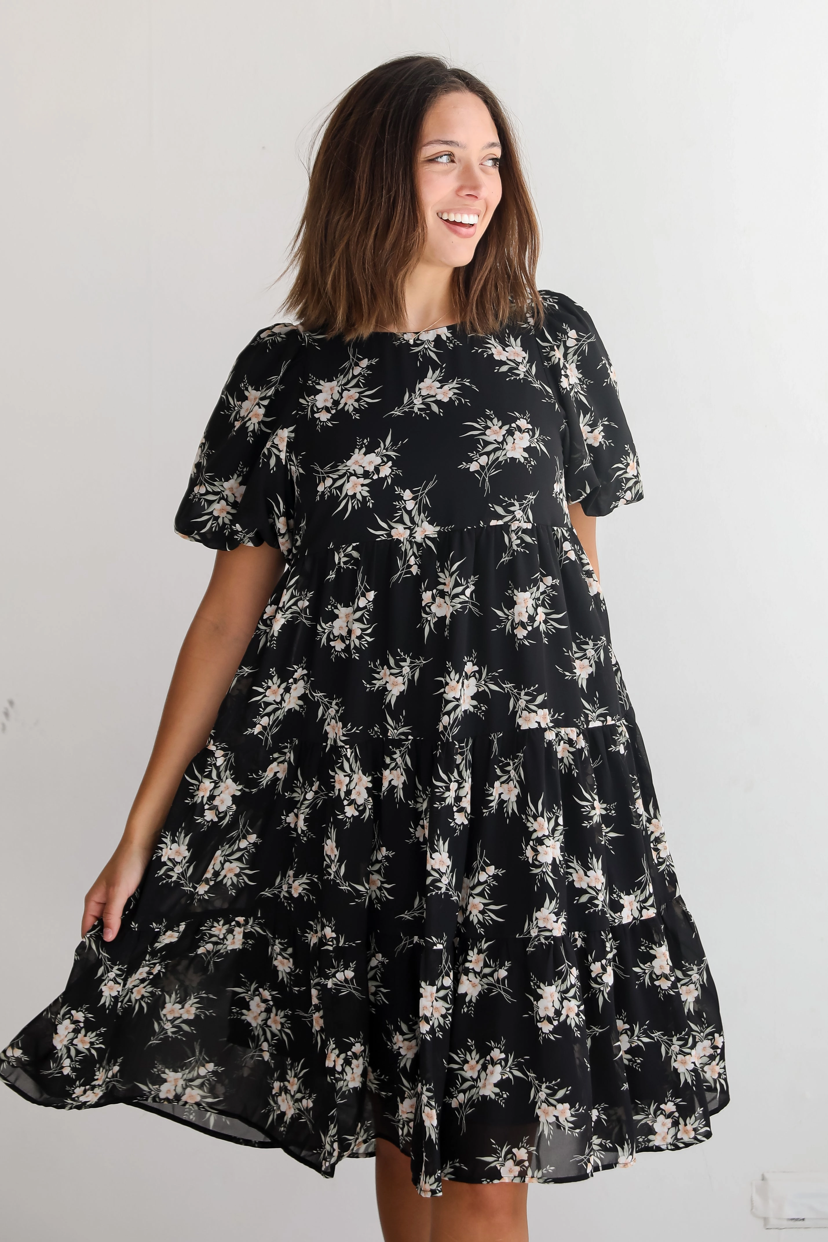 Grace Flow Office Smart FINAL SALE - Perfectly Cherished Black Floral Tiered Midi Dress