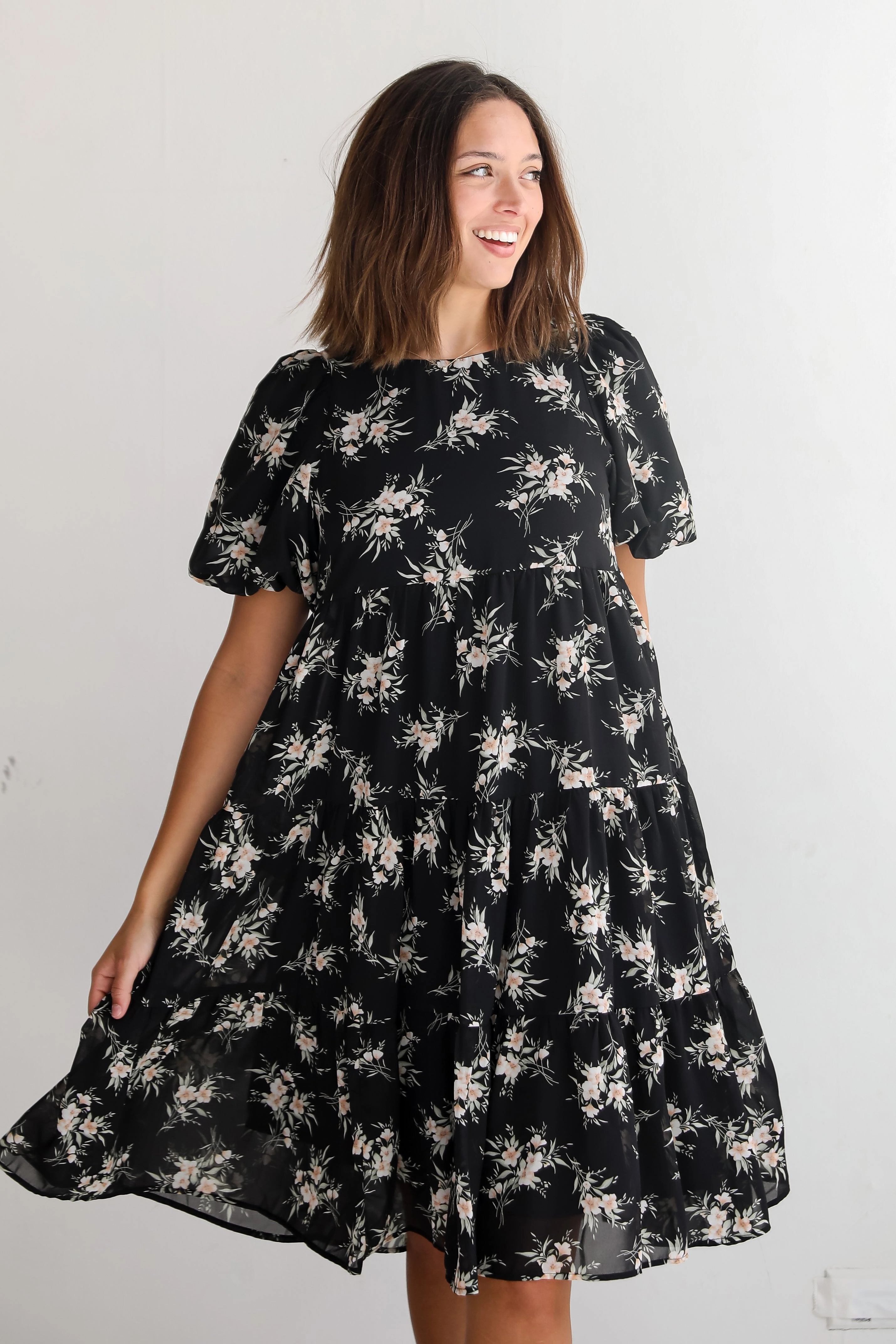 FINAL SALE - Perfectly Cherished Black Floral Tiered Midi Dress Bright Mood Mood Flex