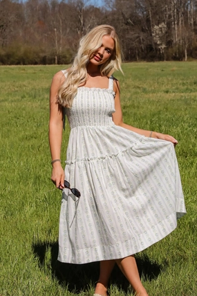 Zip Closure Chilly Day Layers FINAL SALE - Precious Allure Ivory Smocked Floral Midi Dress