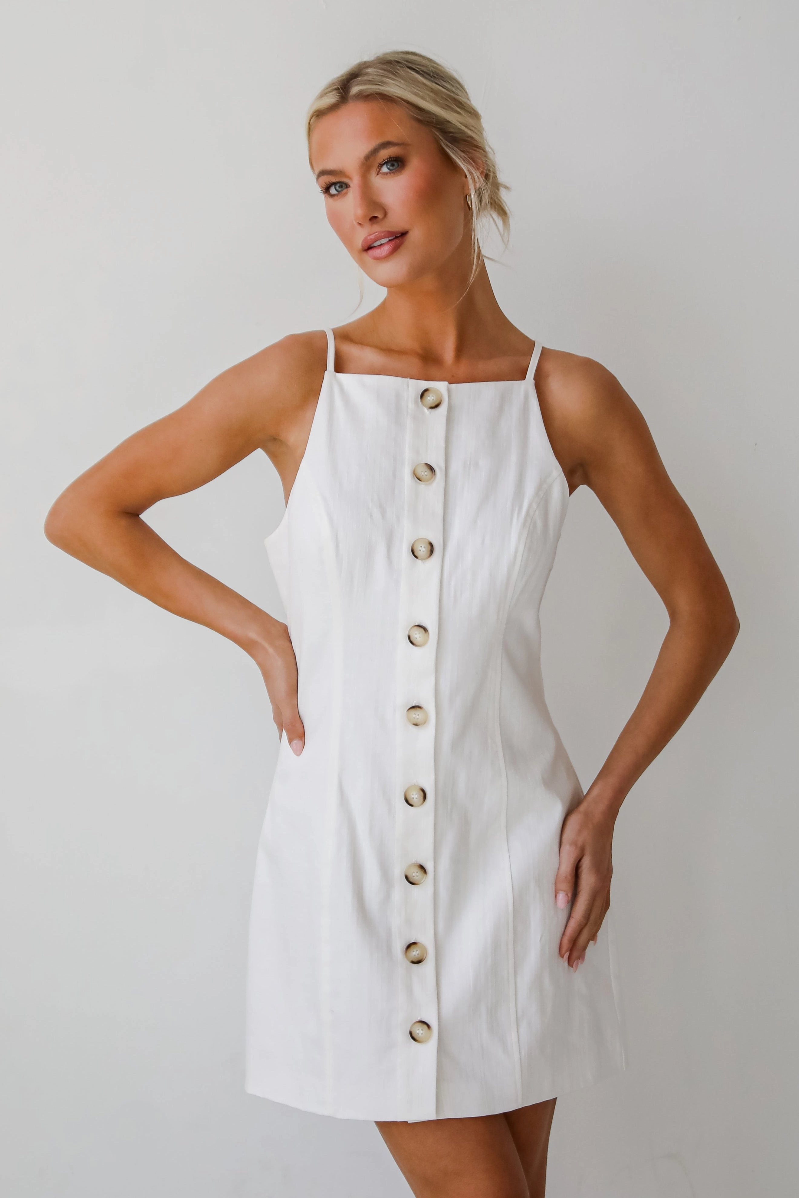 FINAL SALE - Precious Destiny White Button Front Mini Dress Minimalist Fit