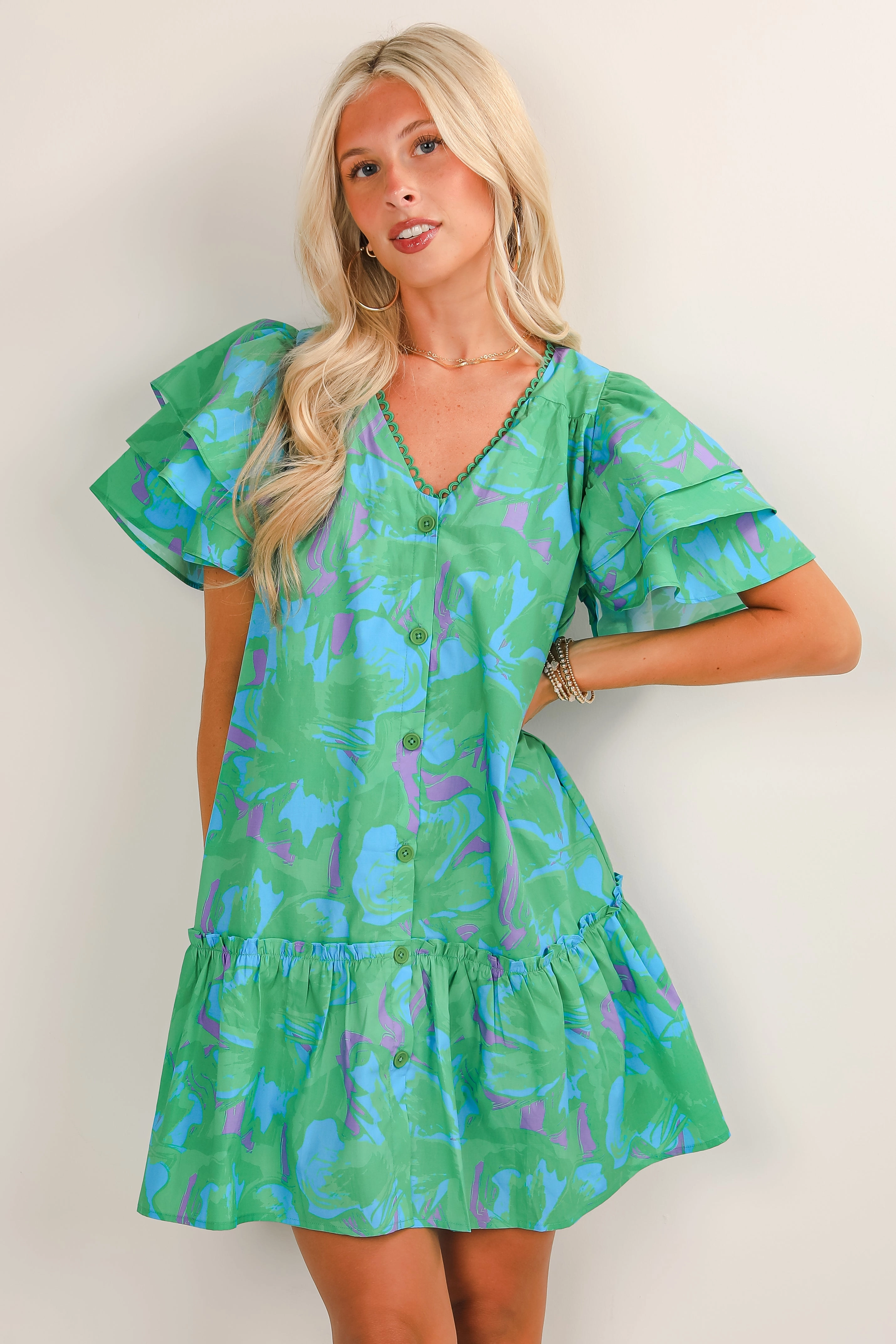 FINAL SALE - Rooting For You Green Mini Dress Garden-Party Crisp Silhouette