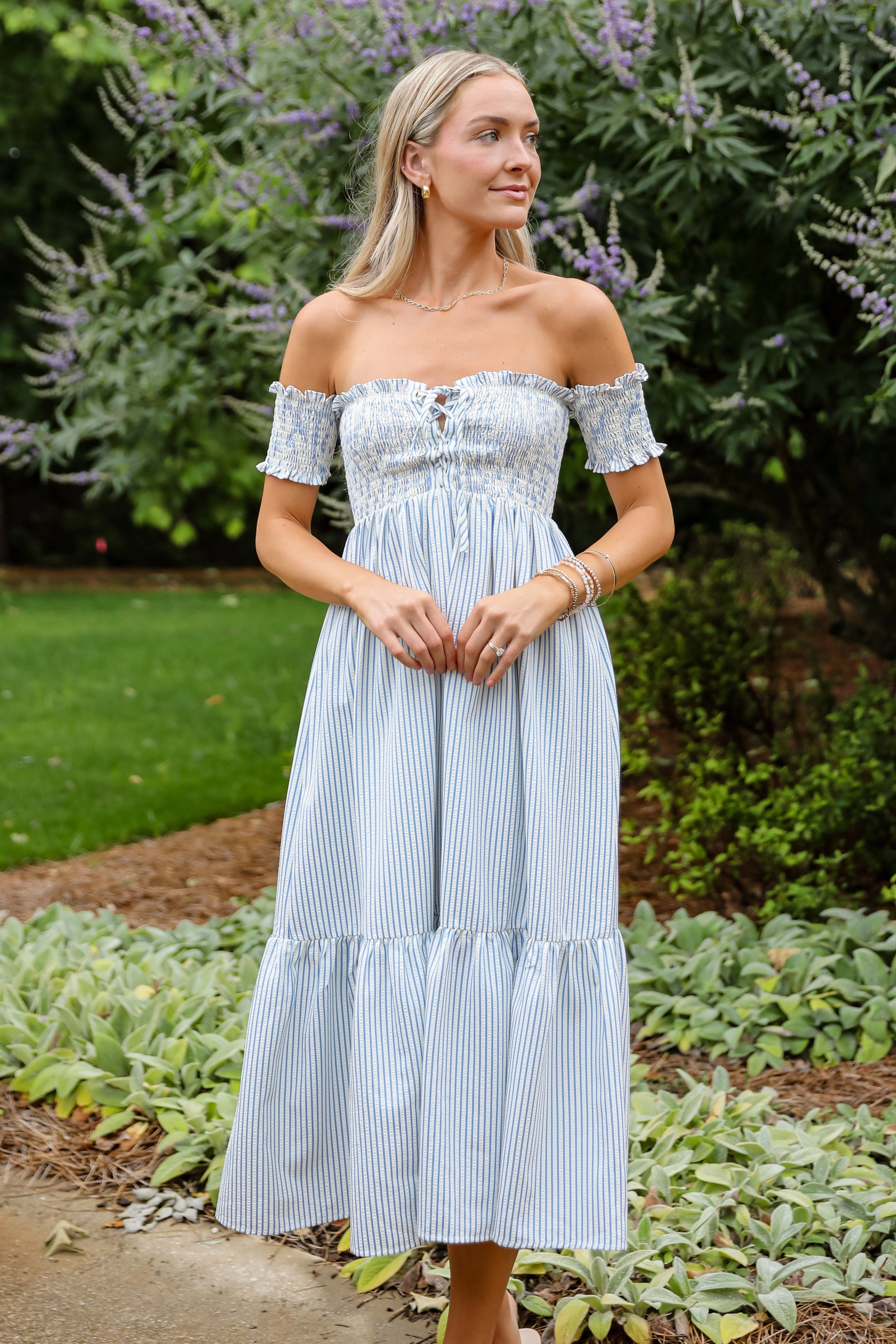 FINAL SALE - Say It Proud Blue Striped Smocked Midi Dress Delicate Edge