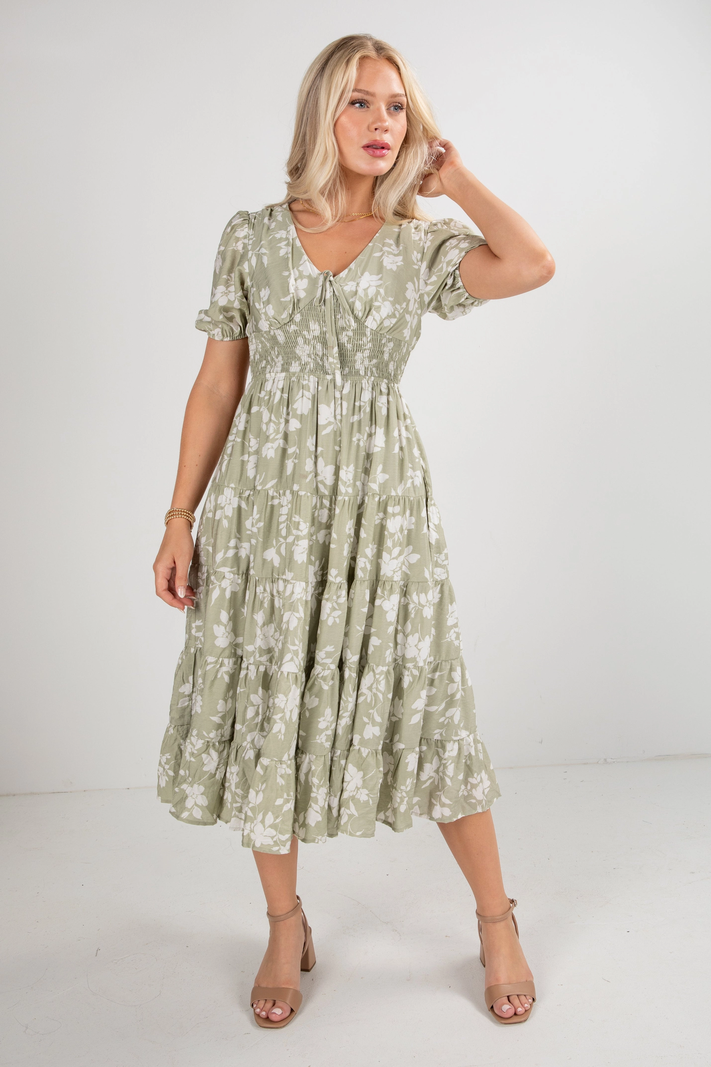 FINAL SALE - Second Nature Sage Floral Tiered Midi Dress Street-Style Velvet-Touch