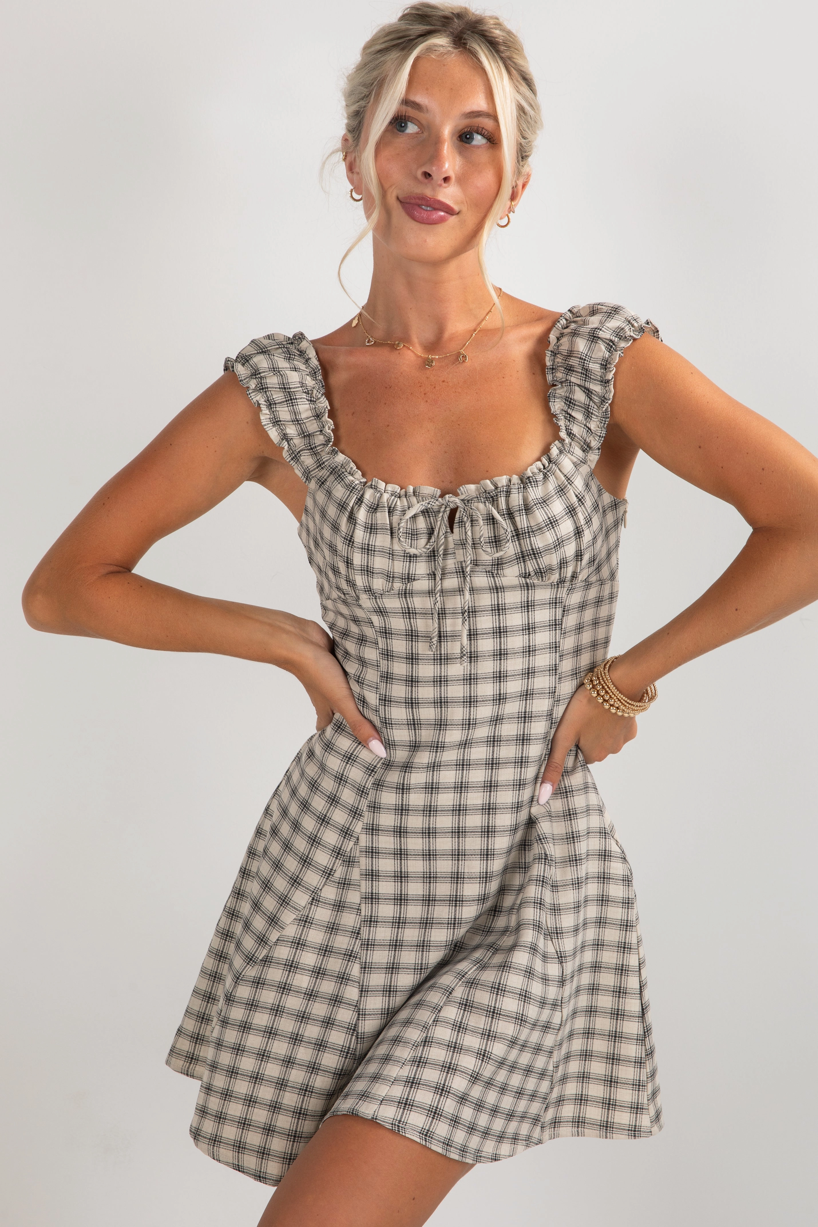 Tactile Feel FINAL SALE - See It Through Cream Plaid Mini Dress