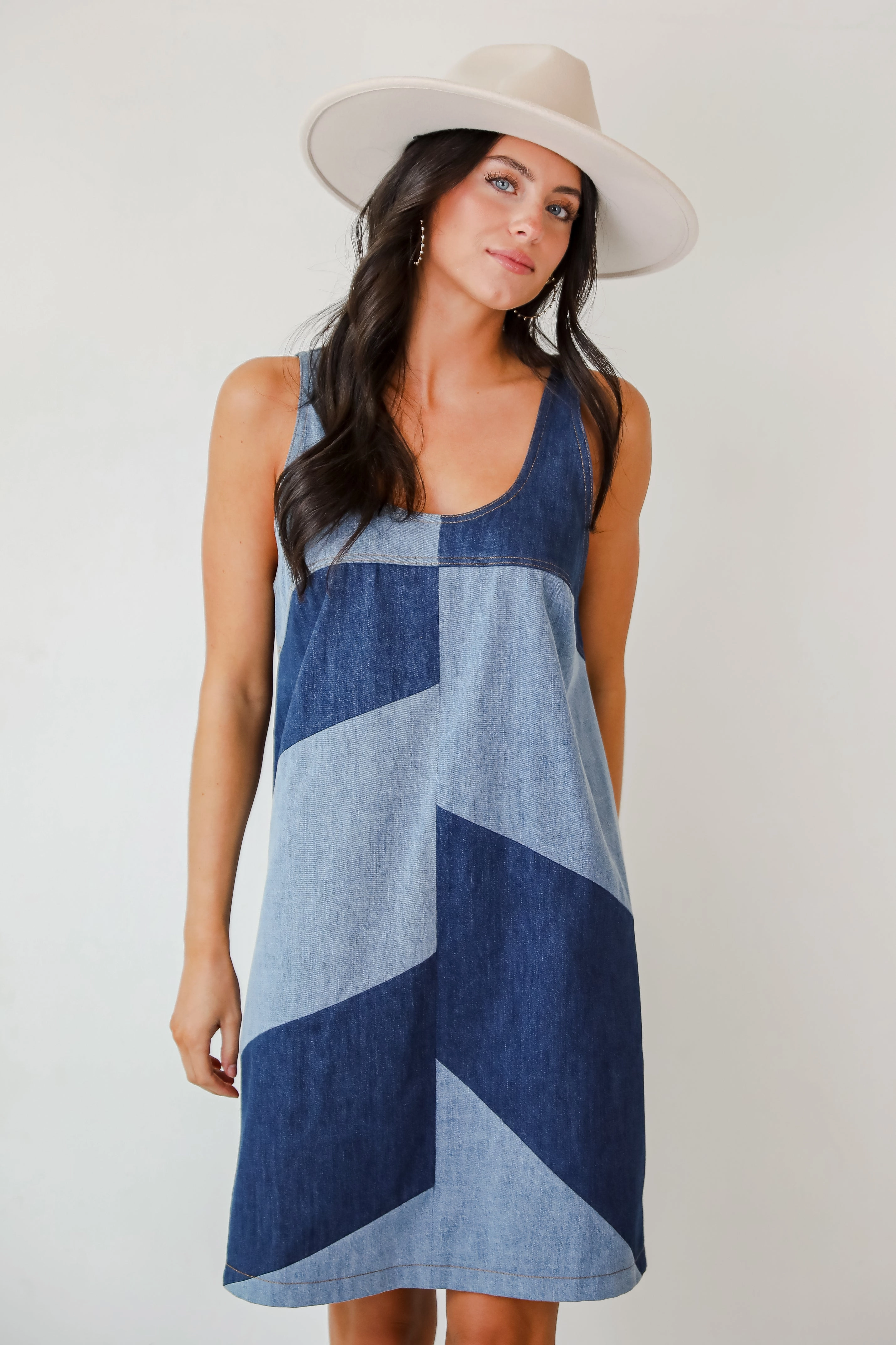 Comfy Detail Stylish Feel FINAL SALE - Sincerely Poised Denim Color Block Mini Dress