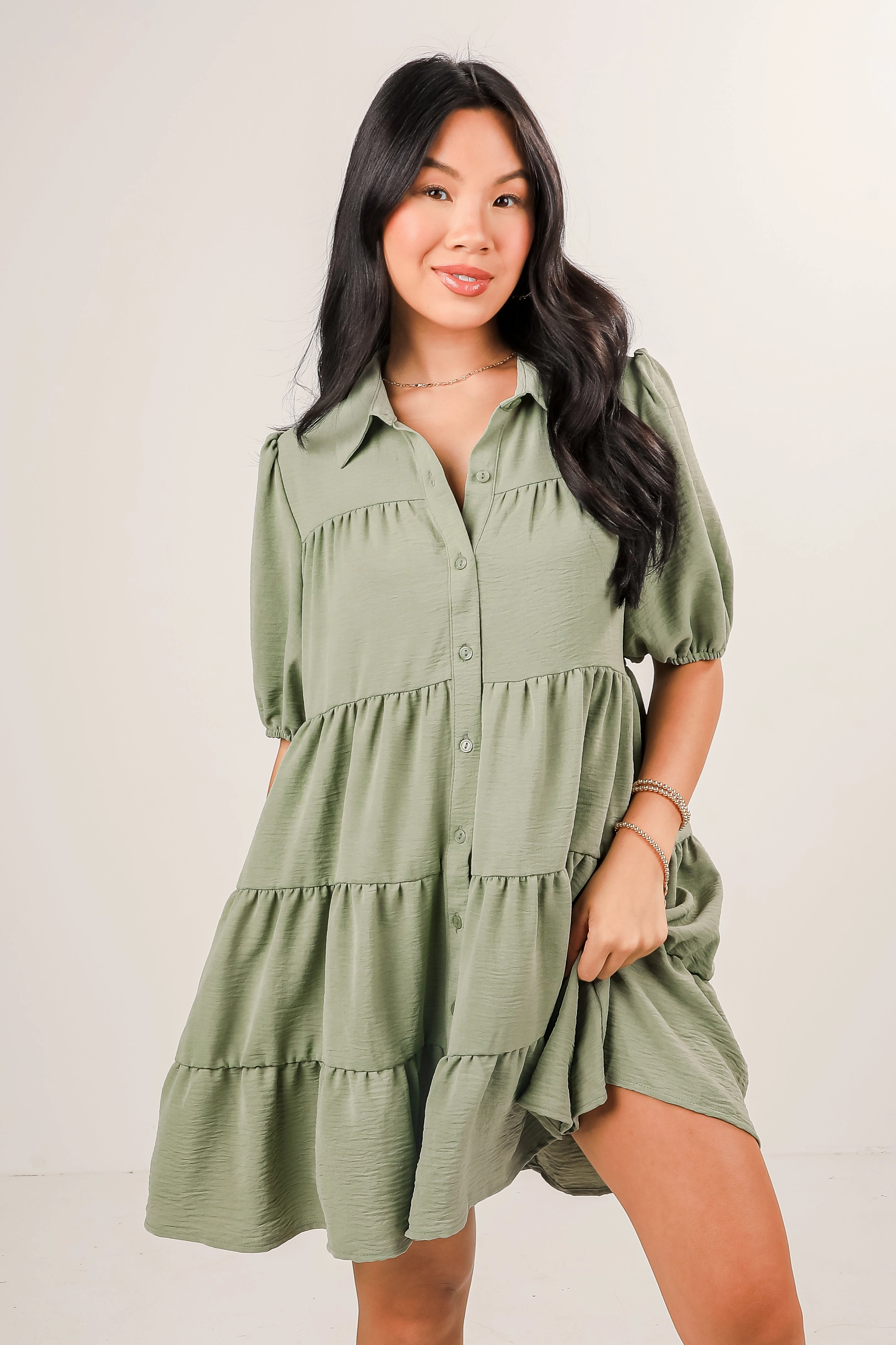 Travel Vibe FINAL SALE - So Heavenly Sage Tiered Mini Dress - DU DEAL