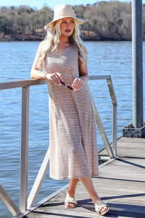FINAL SALE - Sunset Vibes Mocha Crochet Knit Midi Dress Sharp Motion