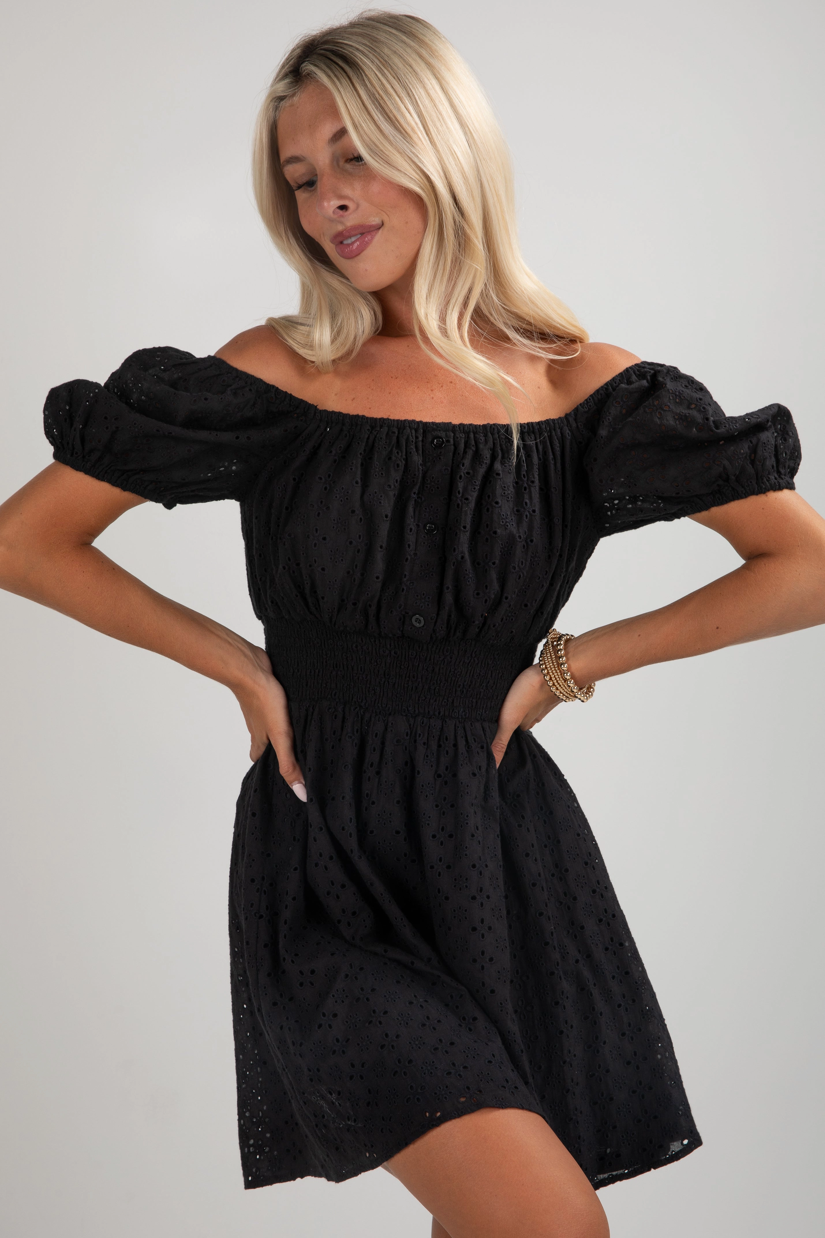 Elastic Fit Celebration Wear FINAL SALE - Sweet Like Honey Black Eyelet Mini Dress