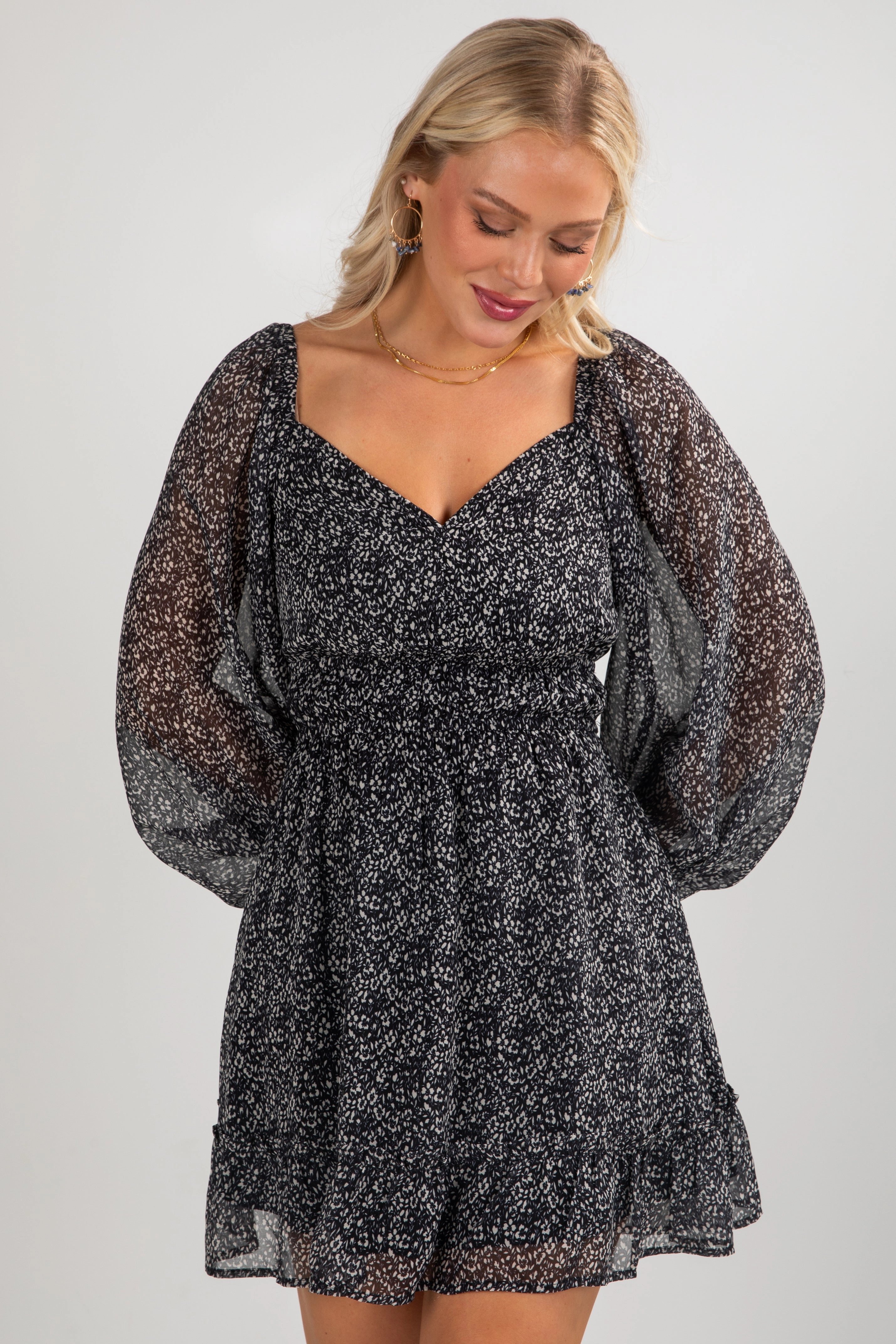 Chain-Detail Work-to-Play Wear FINAL SALE - Take Your Turn Black Floral Mini Dress