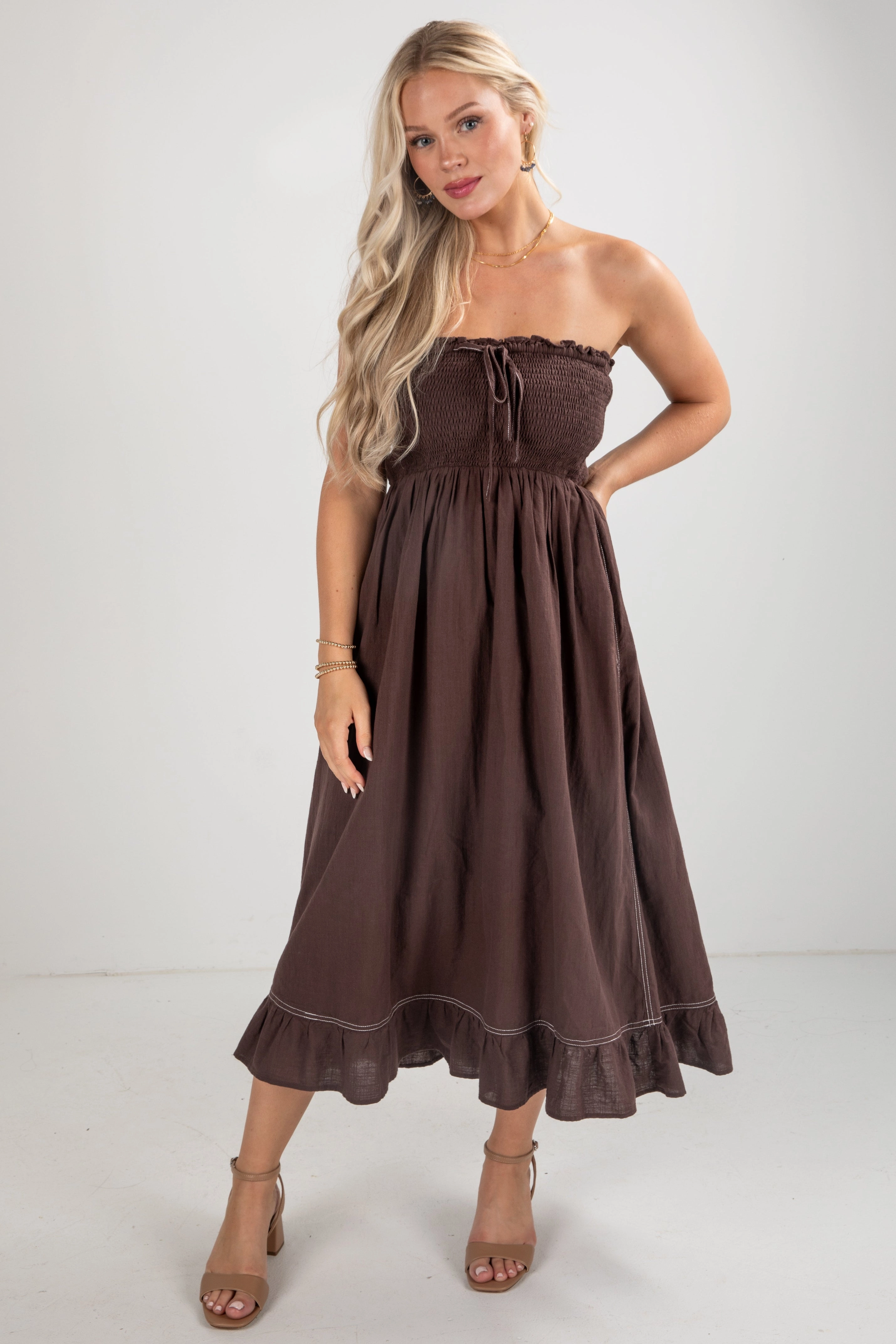 FINAL SALE - This Is It Brown Smocked Strapless Midi Dress Contemporary Waist Natural Aesthetic