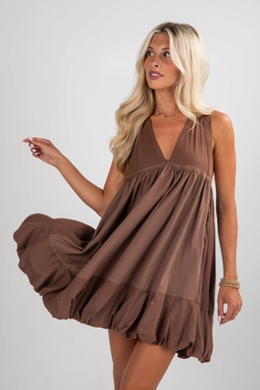 FINAL SALE - To Be Loved Brown Bubble Hem Mini Dress Flattering Silhouette