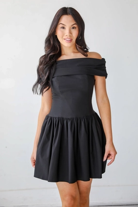 FINAL SALE - Unbelievably Lovely Black Off-The-Shoulder Mini Dress Velvet-Sleeve Versatile-Style