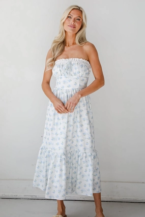 FINAL SALE - Vibrant Flirt Ivory Floral Strapless Midi Dress Party Perfect Playful Twist