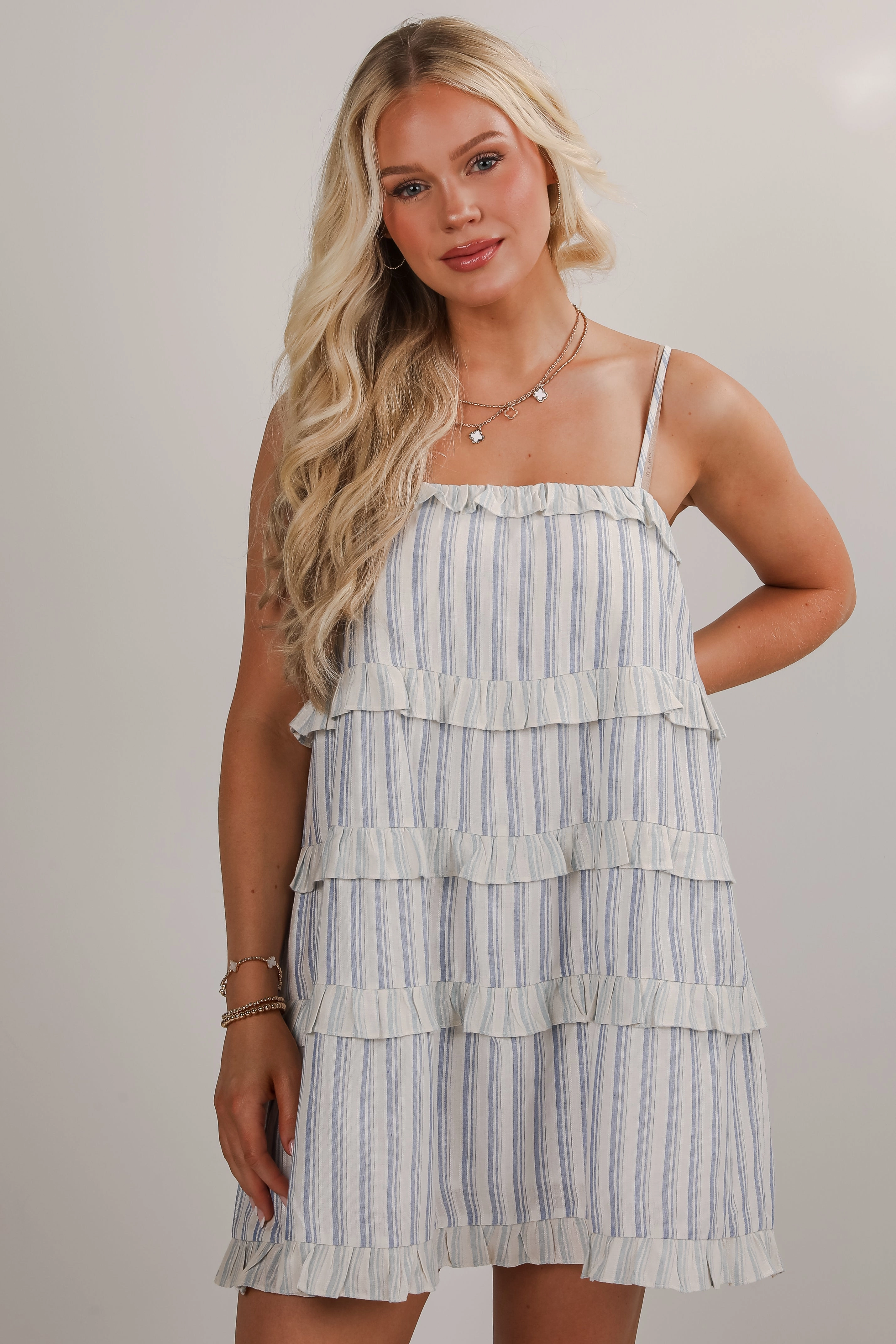 Soft Draping FINAL SALE - Wondrous Muse Light Blue Striped Tiered Ruffle Mini Dress