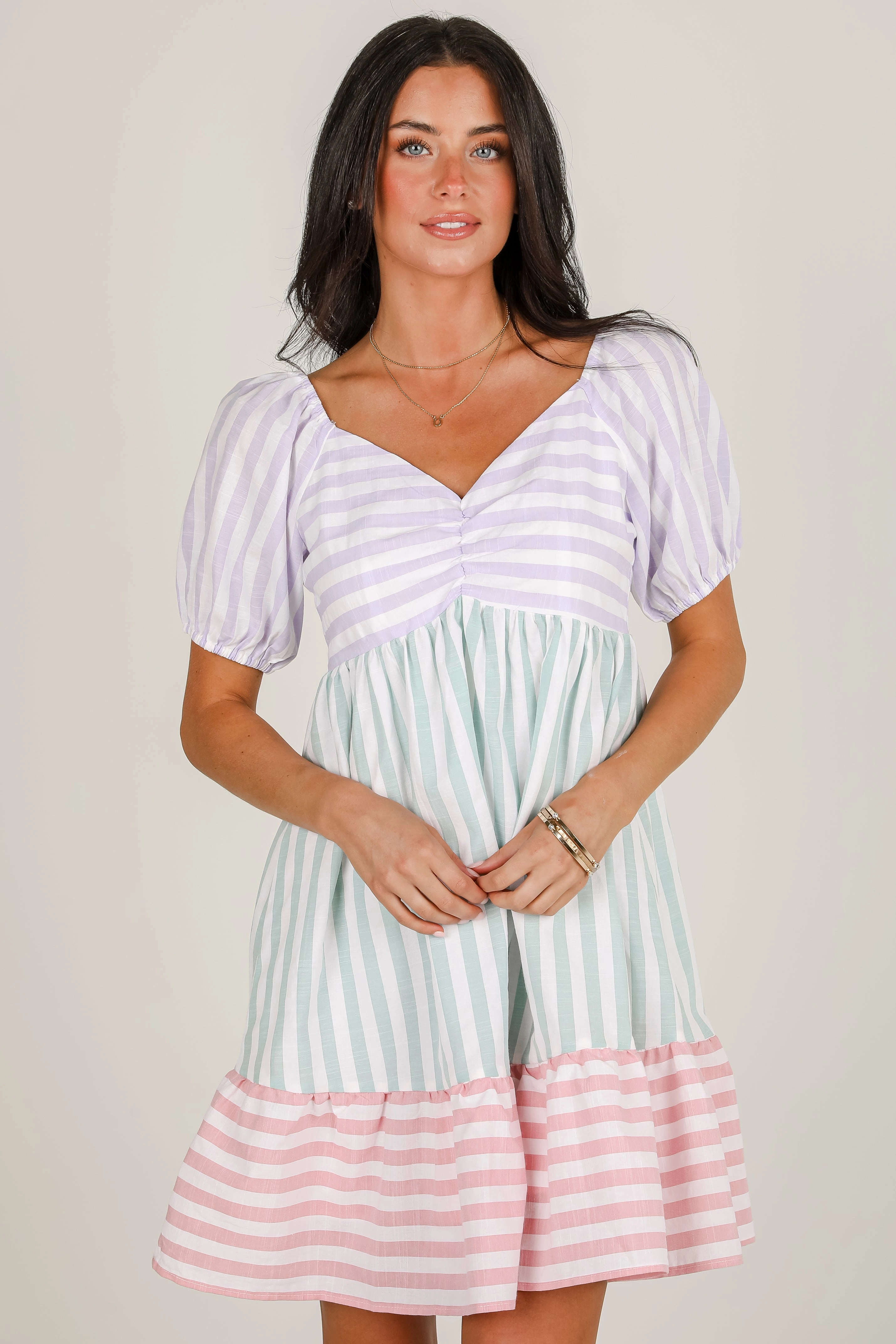 Easy and Effortless FINAL SALE - Just Lovely Multi Striped Color Block Babydoll Mini Dress