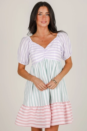 Easy and Effortless FINAL SALE - Just Lovely Multi Striped Color Block Babydoll Mini Dress