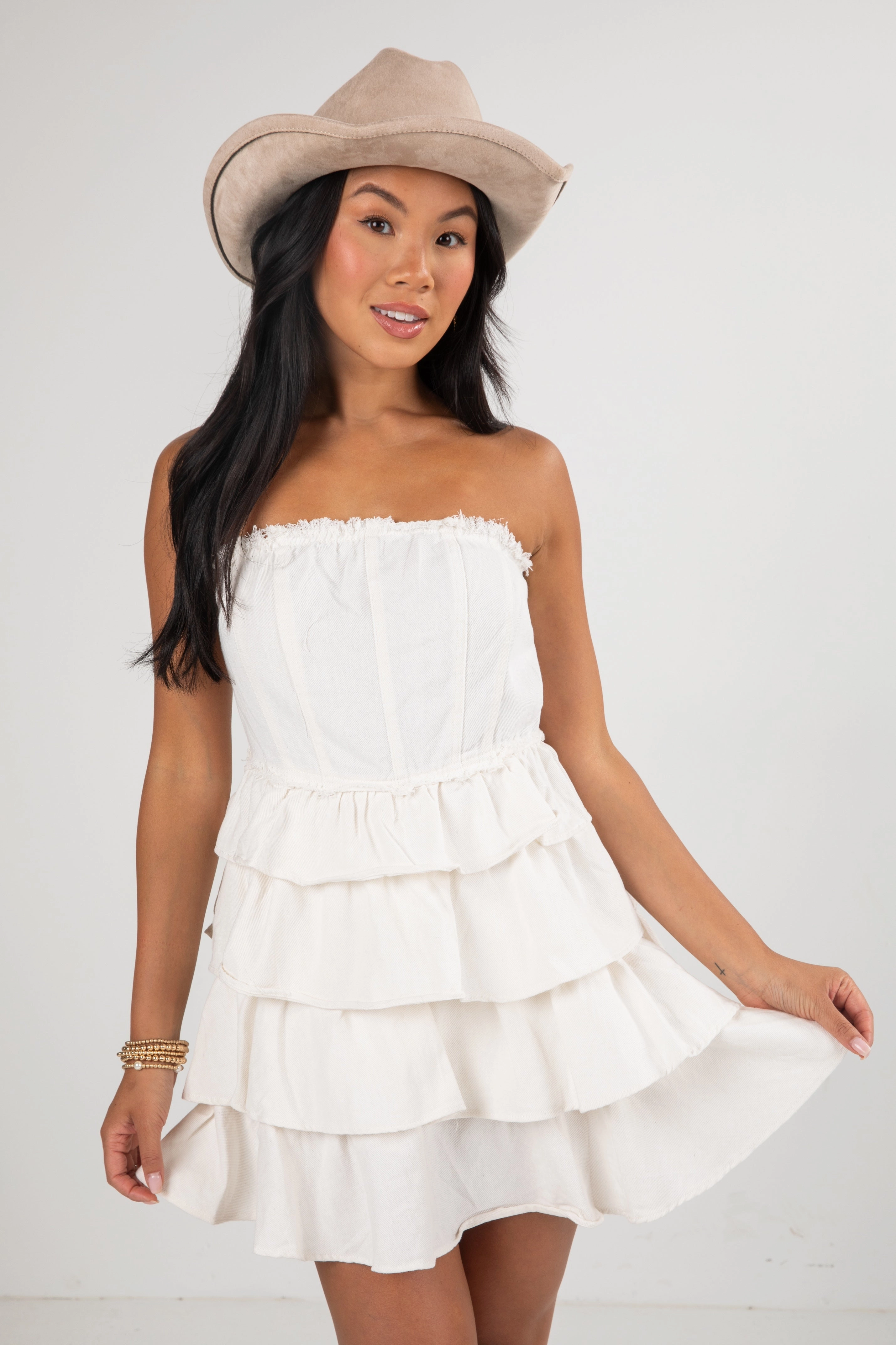 Stay Cool Peach Tone First Down Tiered Strapless Mini Dress