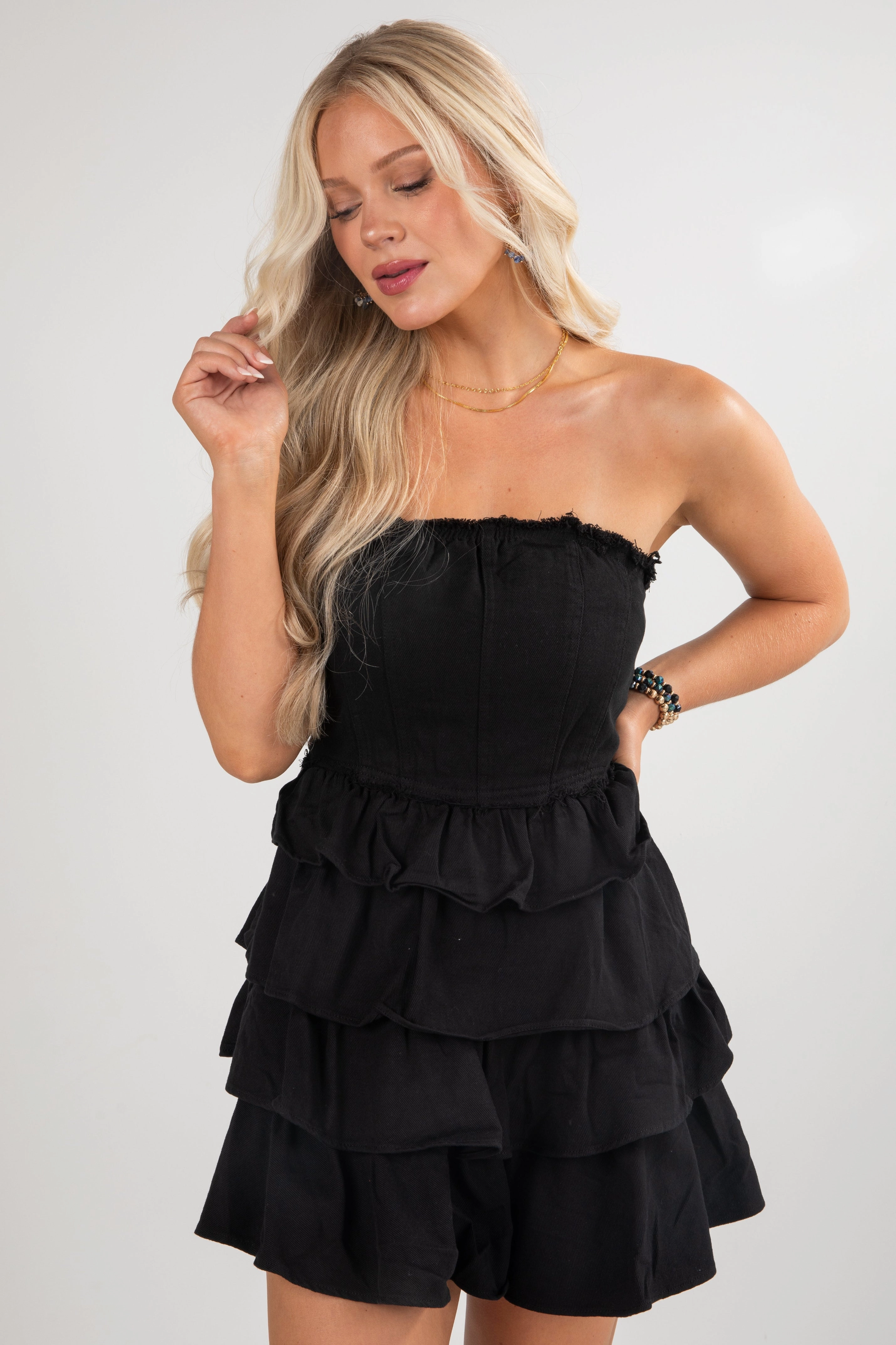 Maternity-Fit Gift-Worthy First Down Tiered Strapless Mini Dress