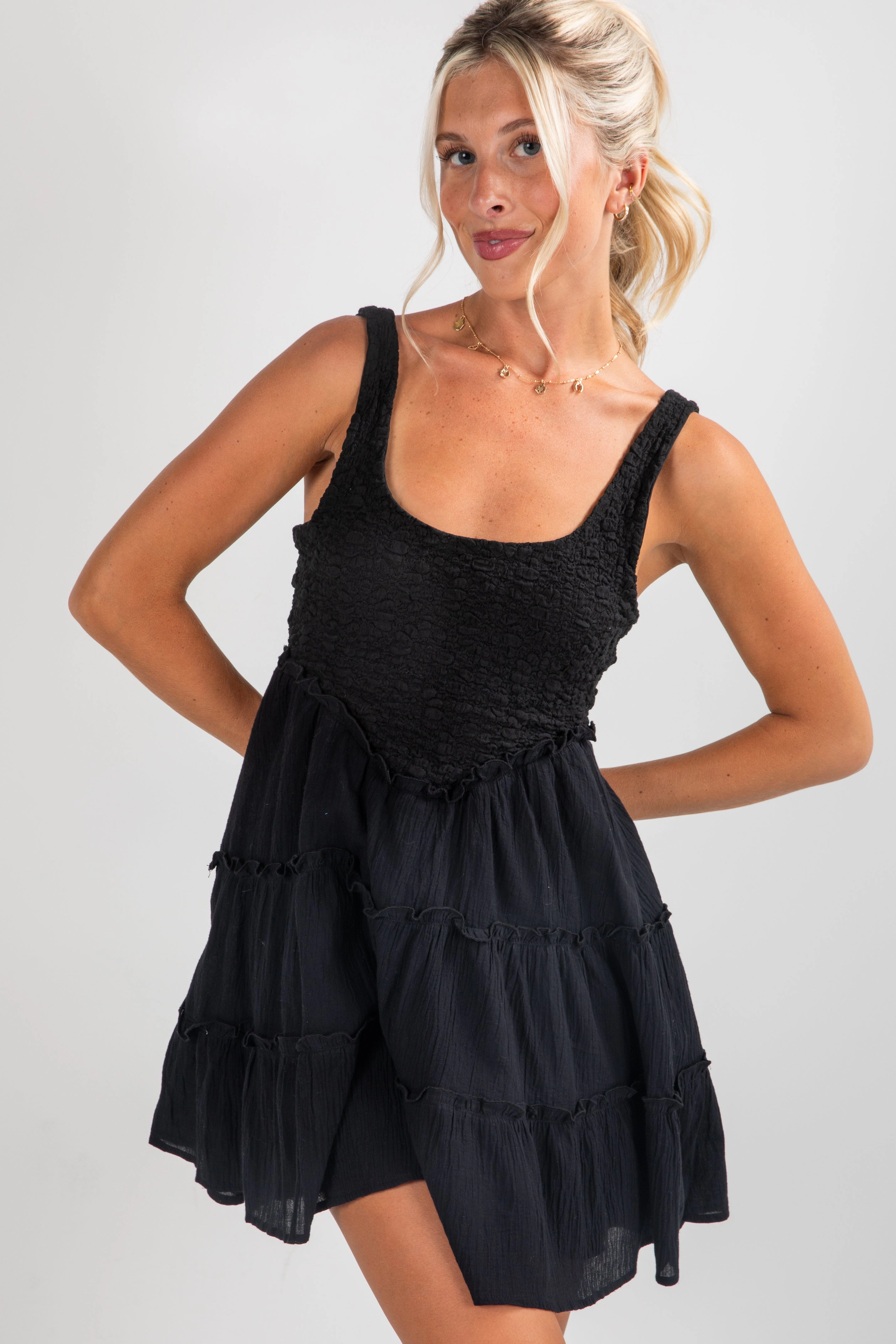 FINAL SALE - Remarkable Arrival Black Tiered Mini Dress Warranty-Included