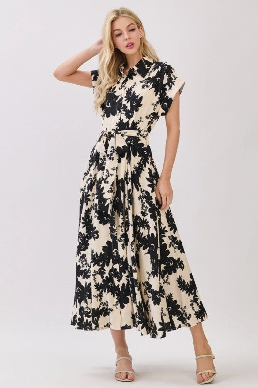 Patricia Short Sleeve Waist Tie Floral Print Midi Dress Black Pearl-Detail
