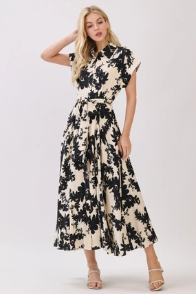 Patricia Short Sleeve Waist Tie Floral Print Midi Dress Black relaxed elegance Clean Chic