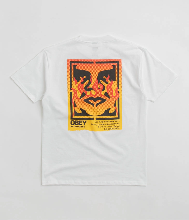 Two Button Closure System Obey Icon Stencil Flame T-Shirt - White