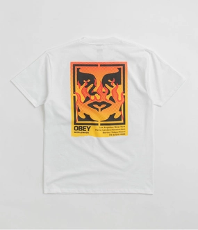 Two Button Closure System Obey Icon Stencil Flame T-Shirt - White