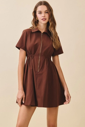 Neutral Layer Francesca Short Sleeve Pleated Zip Up Mini Dress Mocha