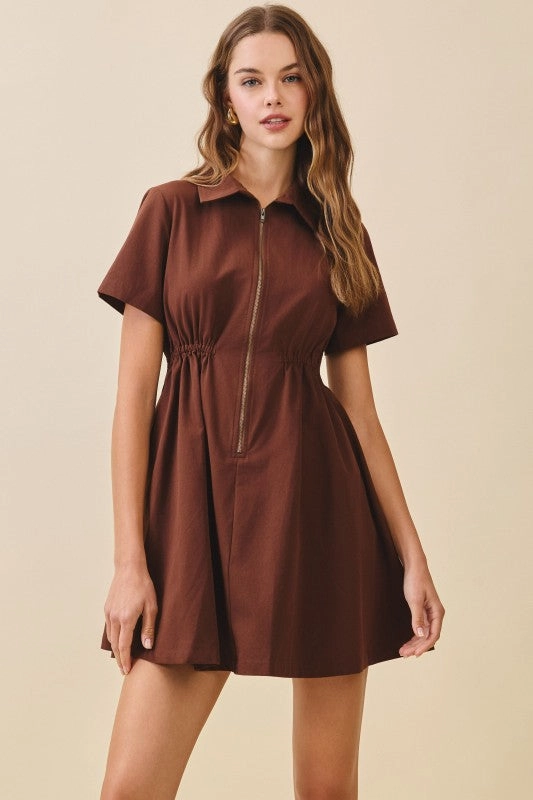 countryside Urban Aesthetic Francesca Short Sleeve Pleated Zip Up Mini Dress Mocha