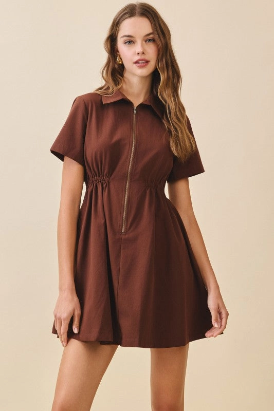 Francesca Short Sleeve Pleated Zip Up Mini Dress Mocha Pure Vibes Glossy-Finish
