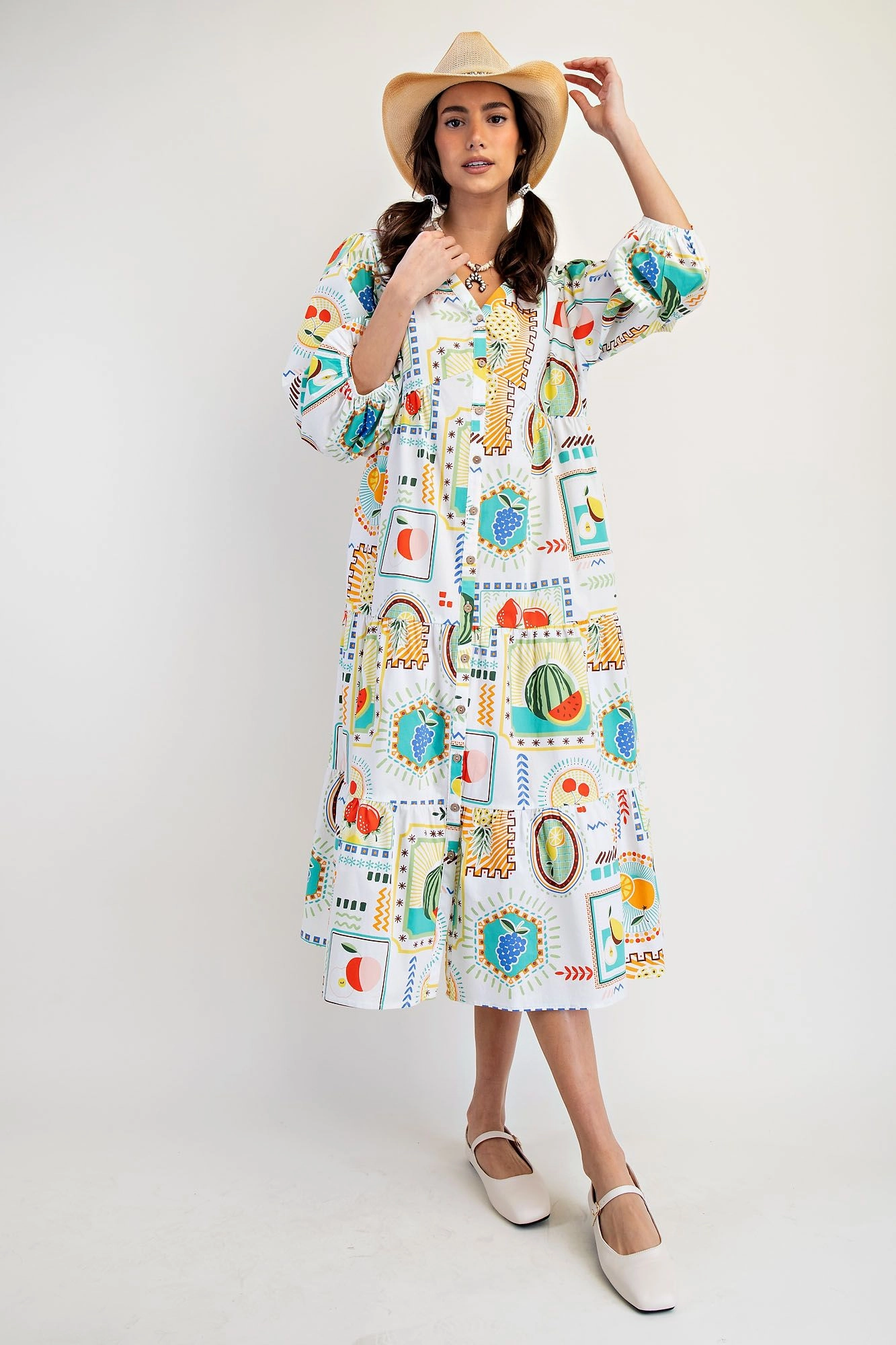 Playful Cut Fruit Market Cotton Midi Dress
