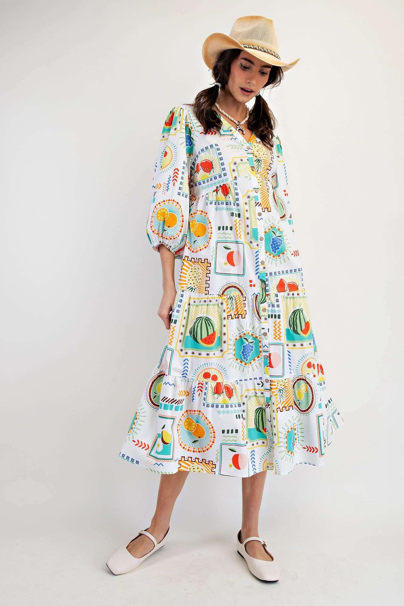 Fruit Market Cotton Midi Dress Sophisticated Fit