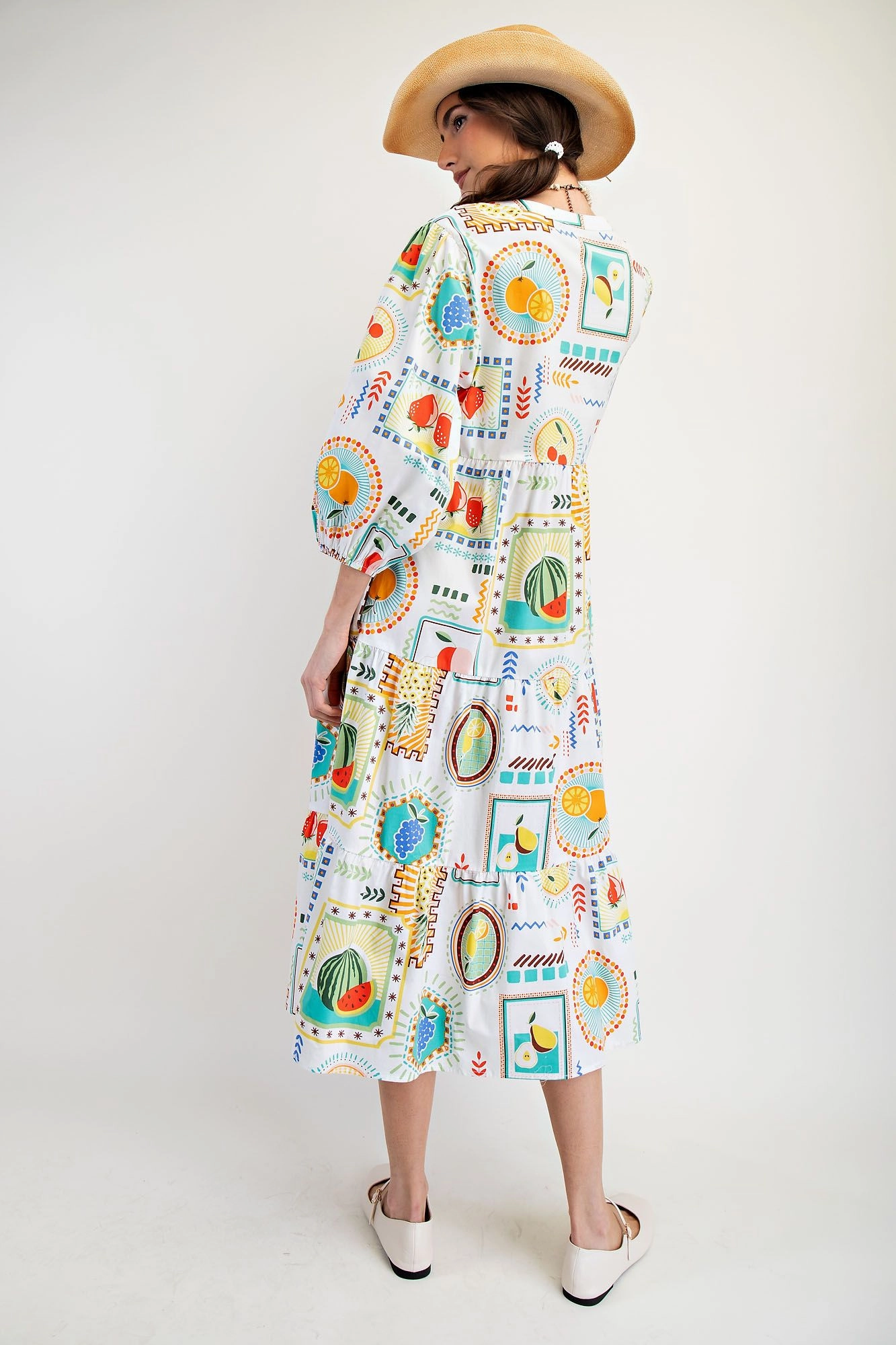 Classic Grace Holiday-Party Fruit Market Cotton Midi Dress