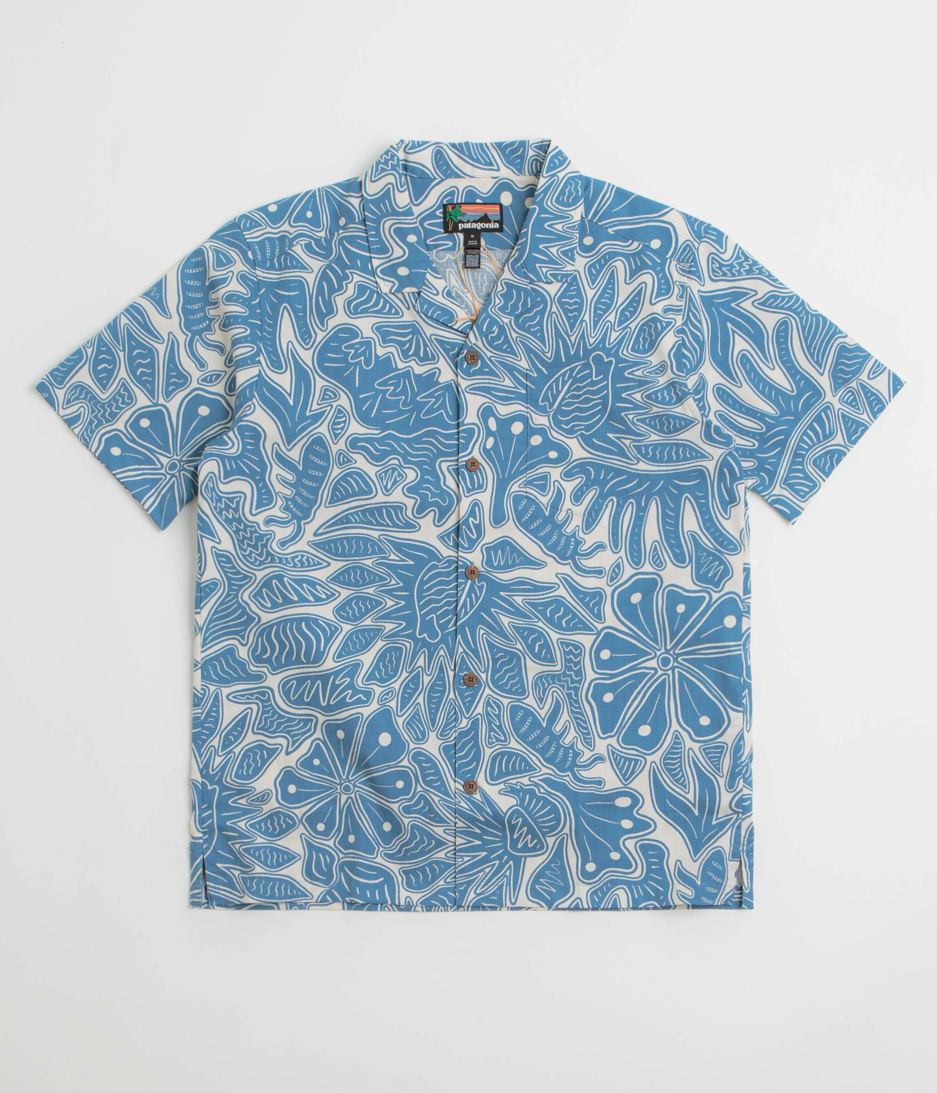 Laser Cut Edge Detail Moisture Wicking Material Patagonia Tidal Threads Camp Shirt - Bees and Flowers: Still Blue