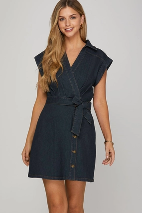 Dark Denim Cap Sleeve Mini Dress Crisp Texture
