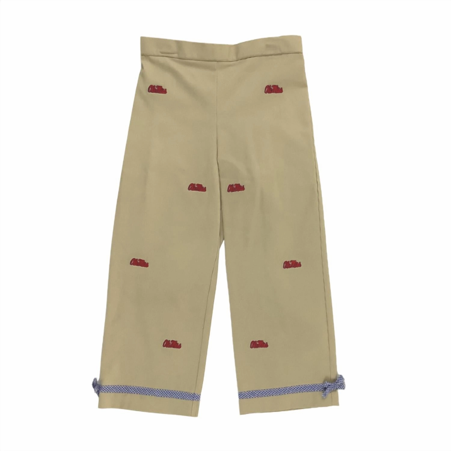 Four Way Stretch Compact Packability Girls' Ole Miss Collegiate Hand Embroidered Pants In Beige