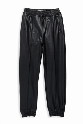 Lightweight Fabric All-Day Wear Girls Faux Leather Jogger Pants In Black