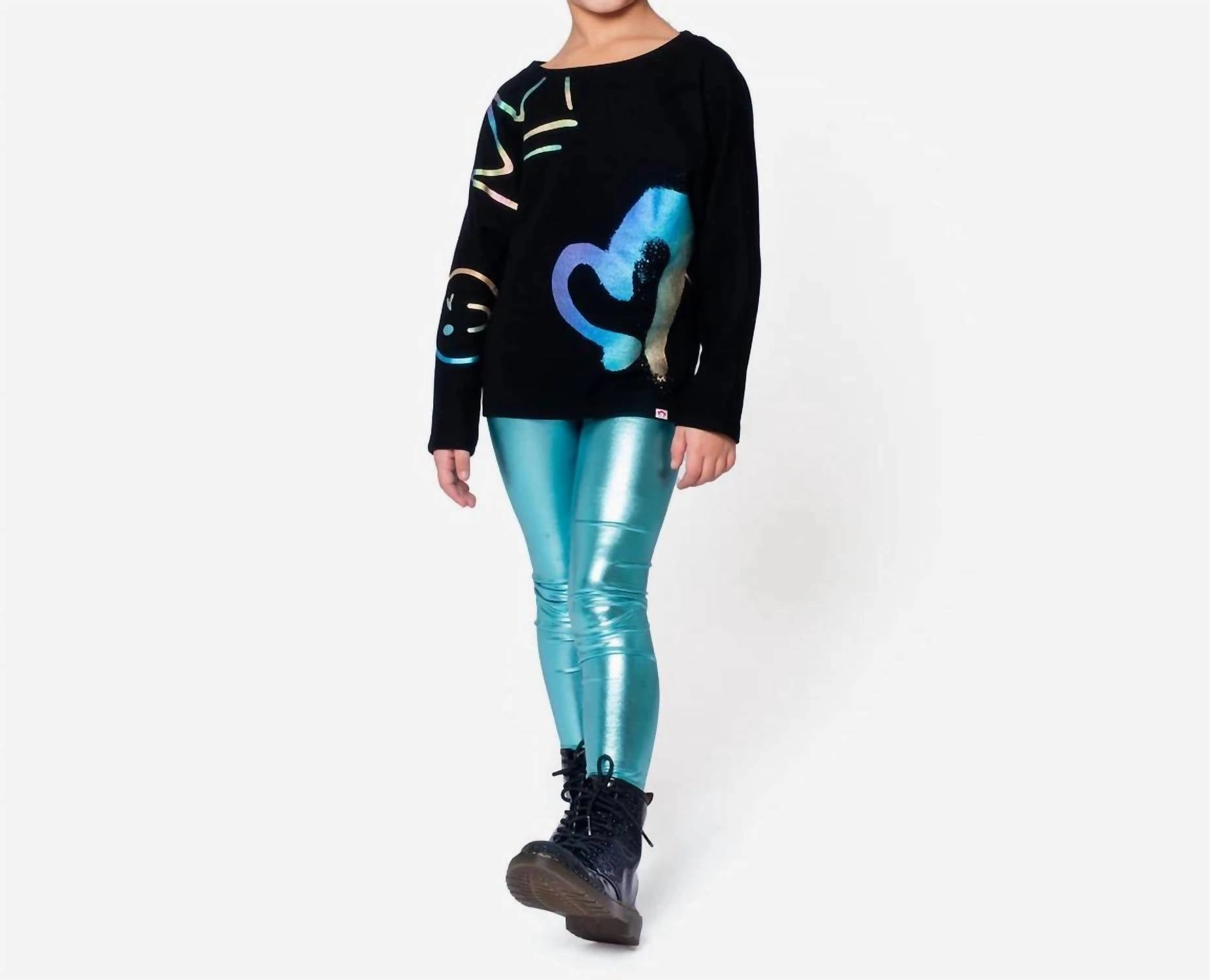 Girls Metallic Leggings In Metallic Aqua Moisture Wicking Fabric No Gap Waistband