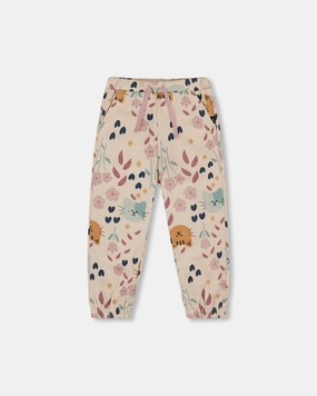 Urban Ready Commuter Fit Glittering French Terry Sweatpant Beige Cat Print