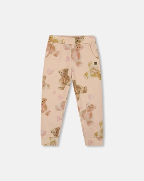 Modular Attachment Soft Brush Lining Glittering French Terry Sweatpants Beige Teddy Bear Print