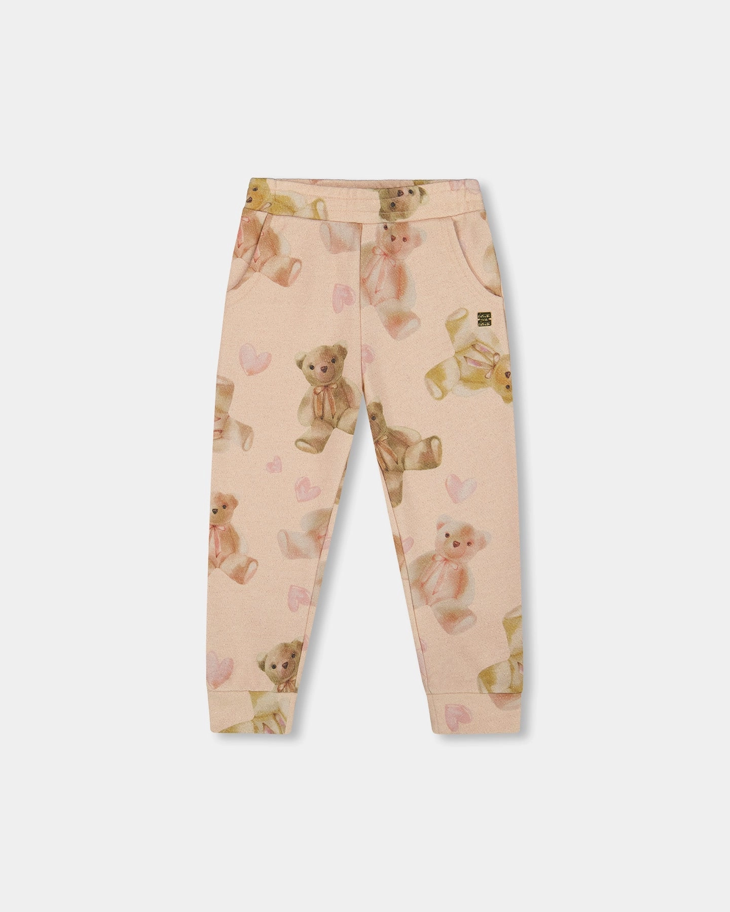 Modular Attachment Soft Brush Lining Glittering French Terry Sweatpants Beige Teddy Bear Print