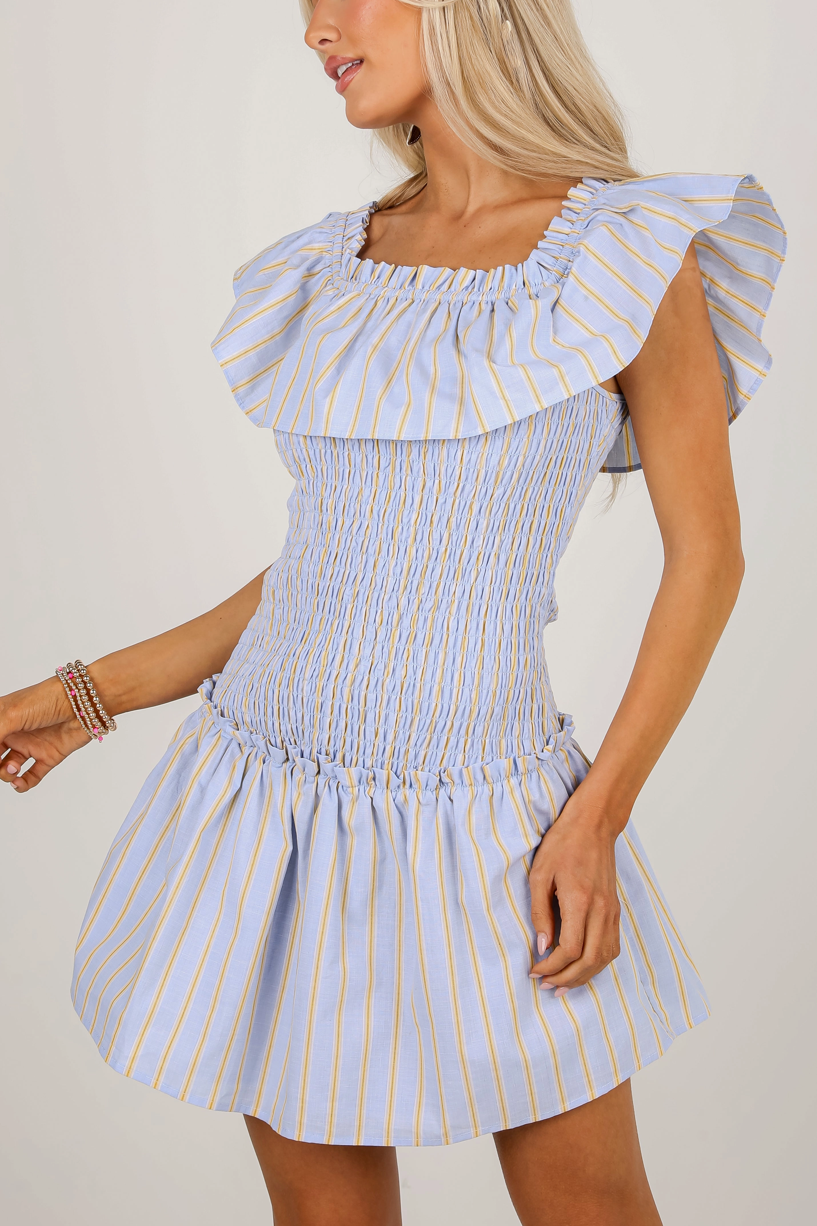 FINAL SALE - Blissful Love Light Blue Striped Smocked Mini Dress Style Moment