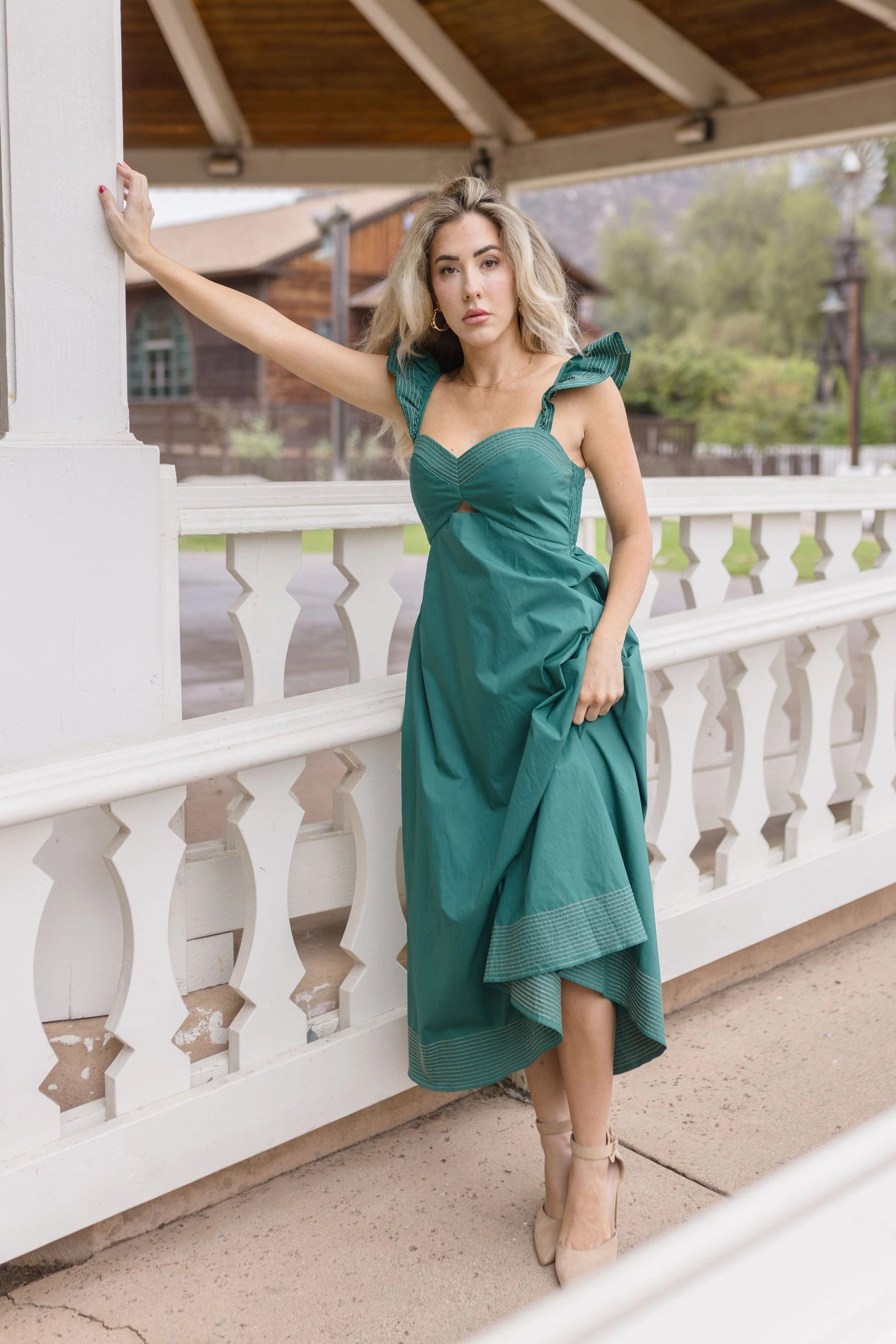 Halle Flutter Sleeve Cut Out Contrast Stitch Midi Dress Green Smooth Curve Shore Time