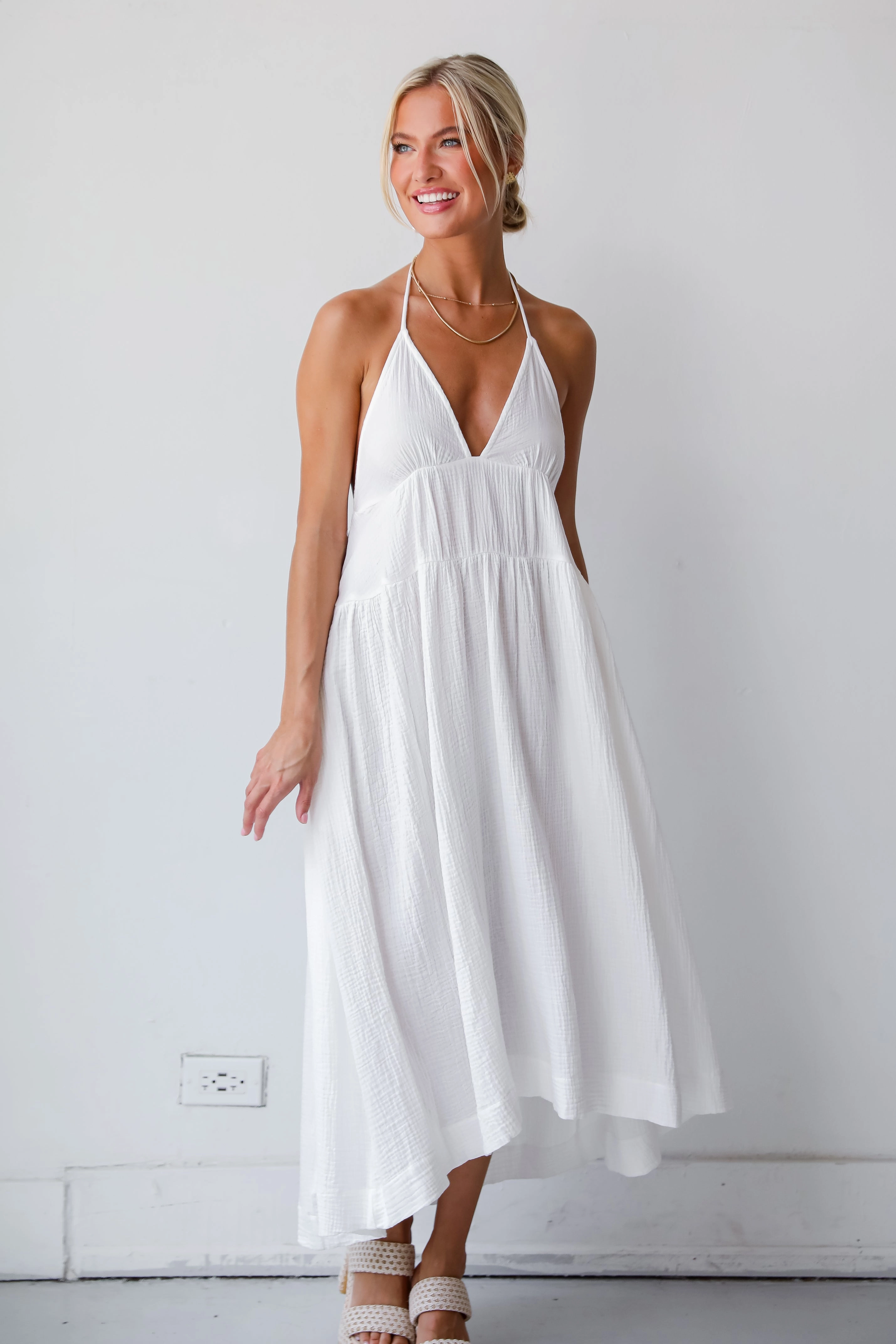 Memorable Entrance White Linen Halter Midi Dress Cozy Cut