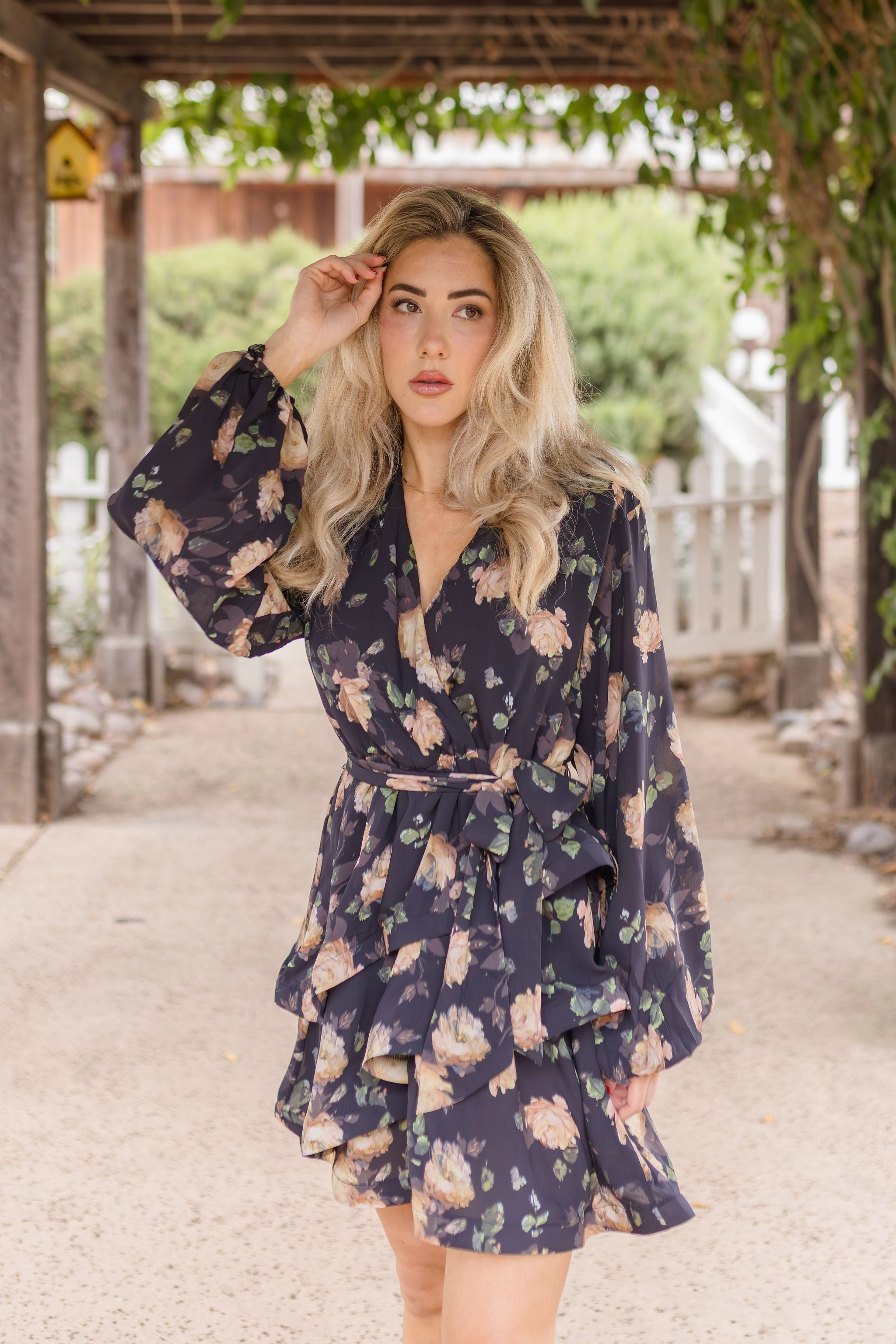 Ruby Long Sleeve Waist Tie Floral Print Mini Dress Navy Fall Fashion
