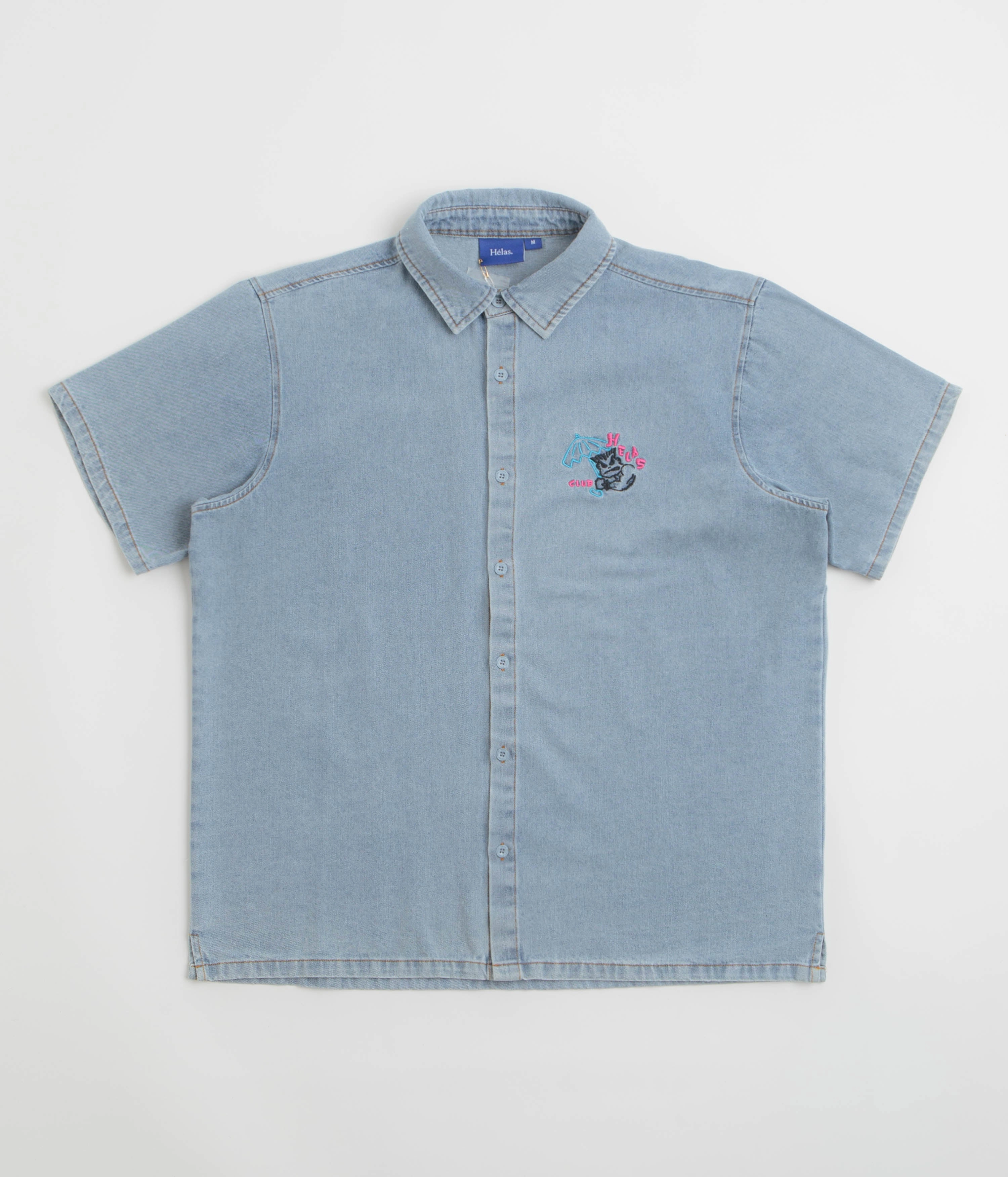 Subtle Print Helas Bad Washed Denim Short Sleeve Shirt - Light Blue