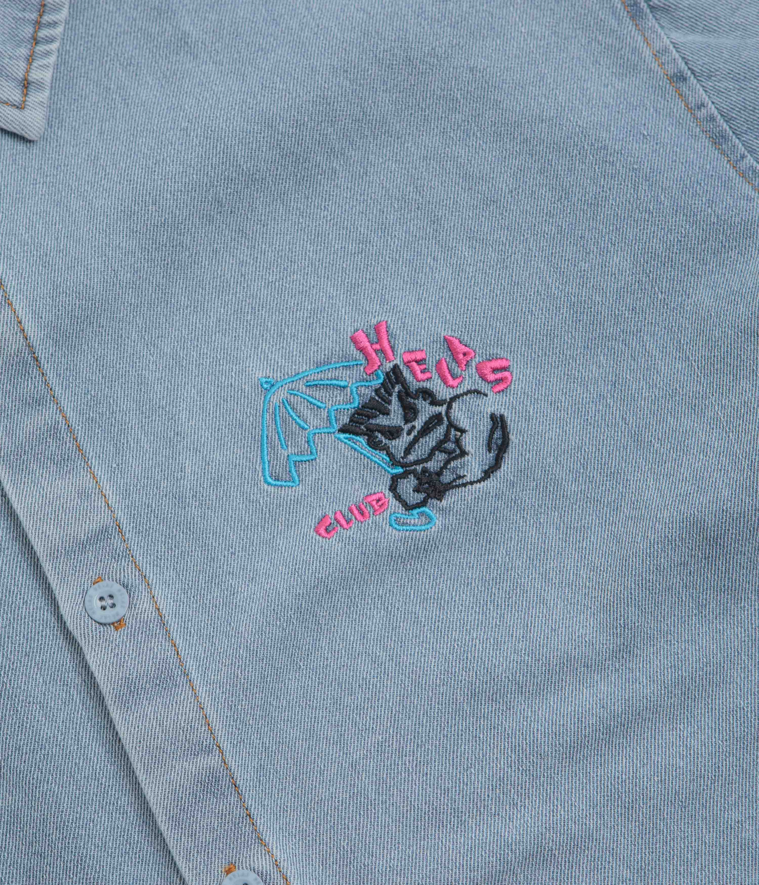 Sophisticated Elegance All Day Comfort Tech Helas Bad Washed Denim Short Sleeve Shirt - Light Blue