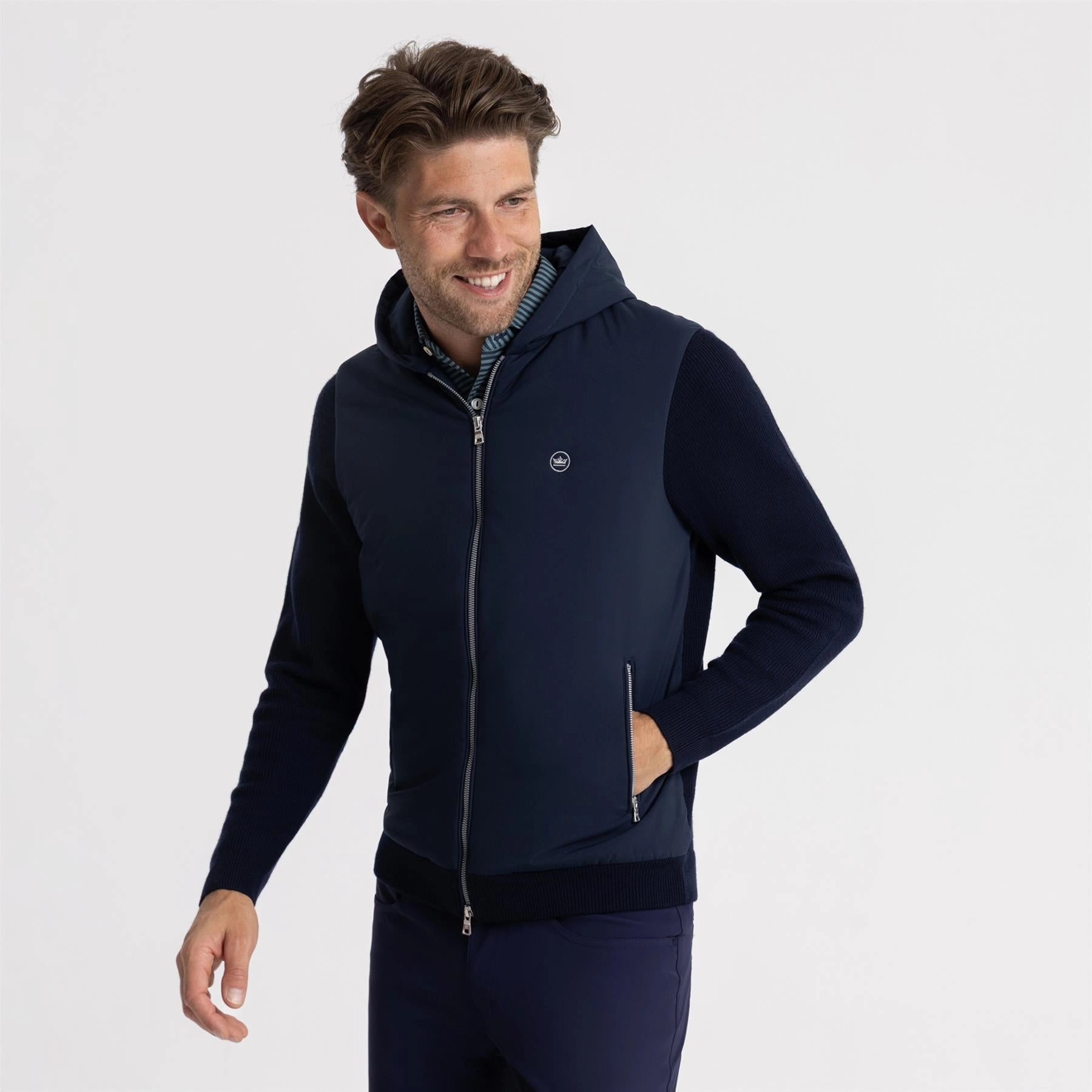 Non Restrictive Cut Holdridge Hybrid Full Zip Hooded Jacket Navy