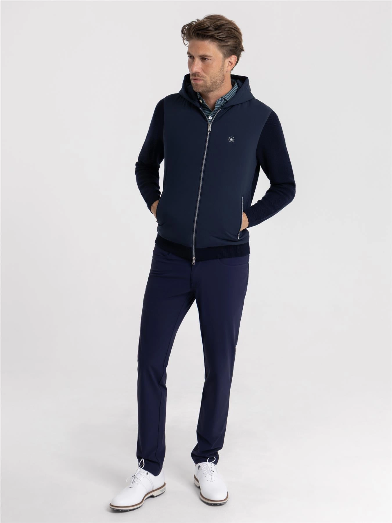 Layer Flexibility Holdridge Hybrid Full Zip Hooded Jacket Navy